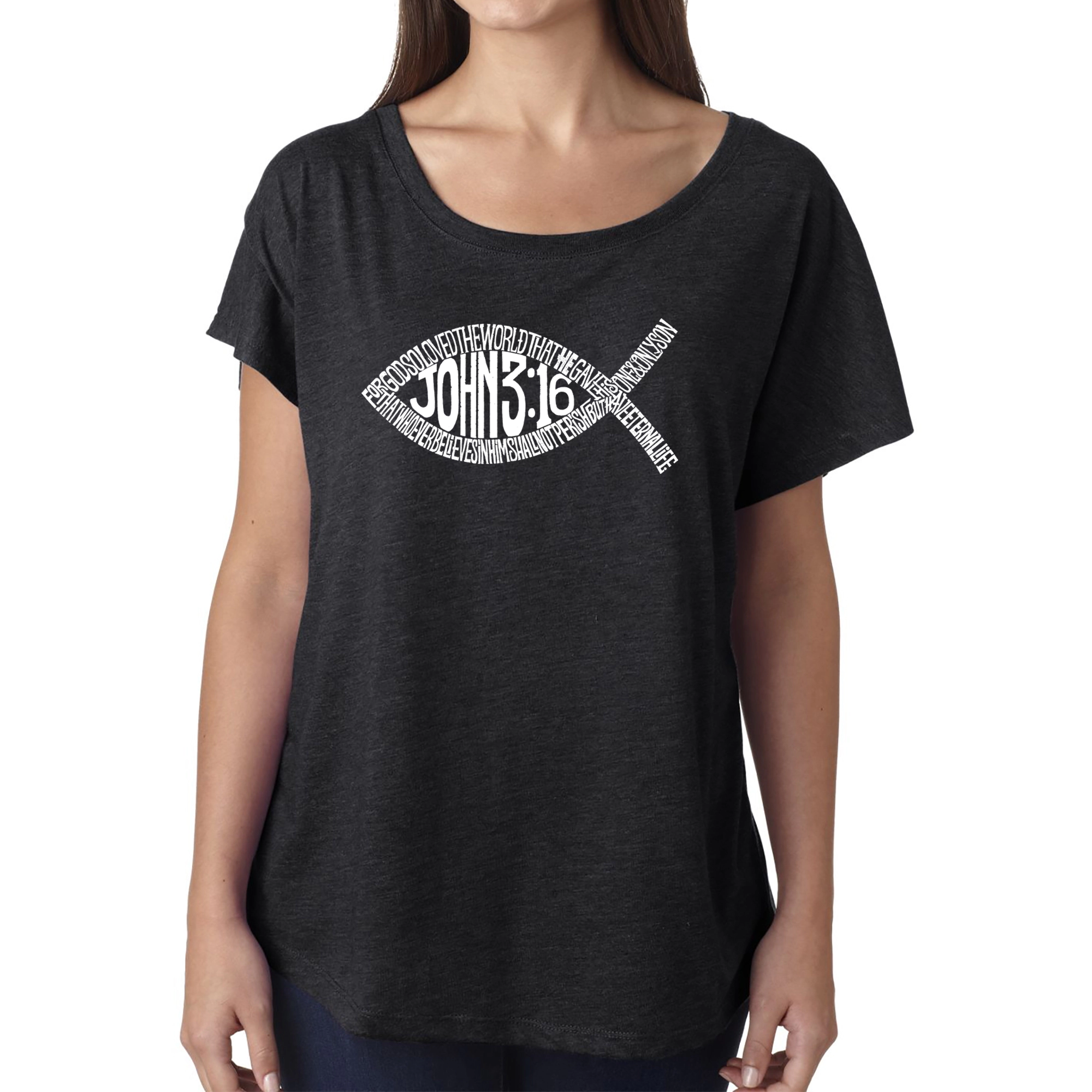 LA Pop Art Women's Dolman Word Shirt - John 3:16 Fish Symbol