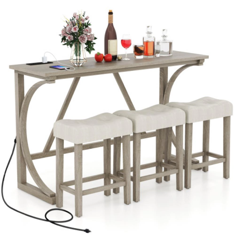 Hivvago 4-Piece Bar Table Set With Power Outlet And Upholstered Saddle Seat Stools-Grey And Beige