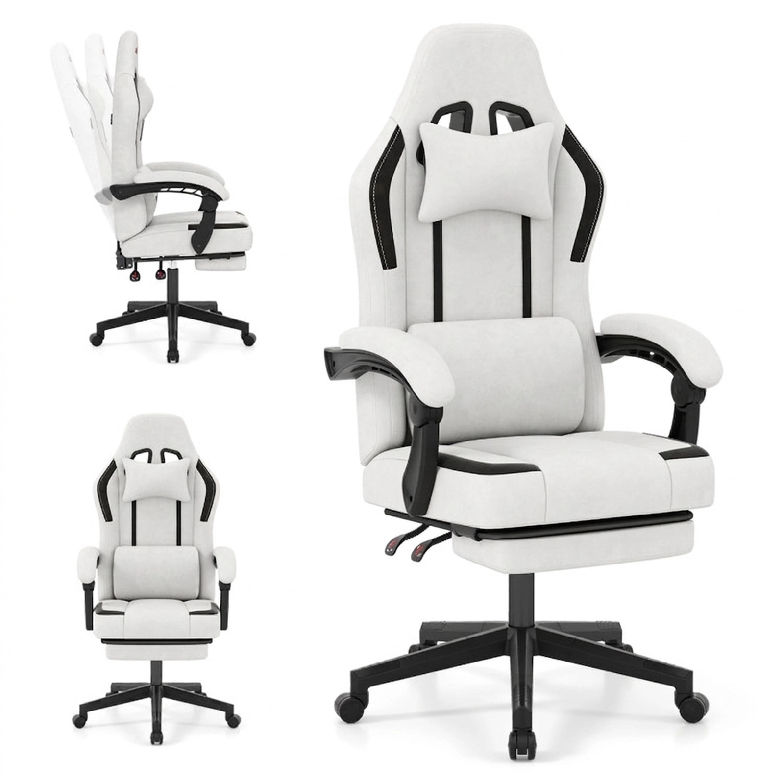 SUGIFT Ergonomic Full-Body Support Video Game Chair with Headrest and Retractable Footrest 330-lb Capacity Beige/Gray