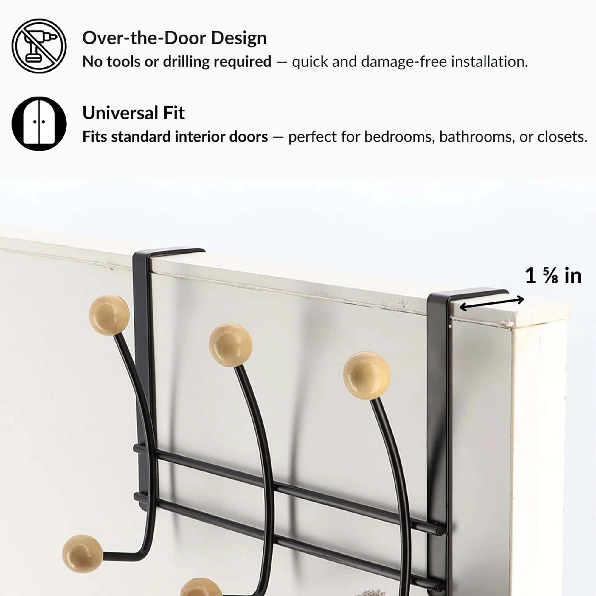 Evideco French Home Goods Over-the-Door Double Hook Rack - Metal, 6 Ball-Tipped Ends
