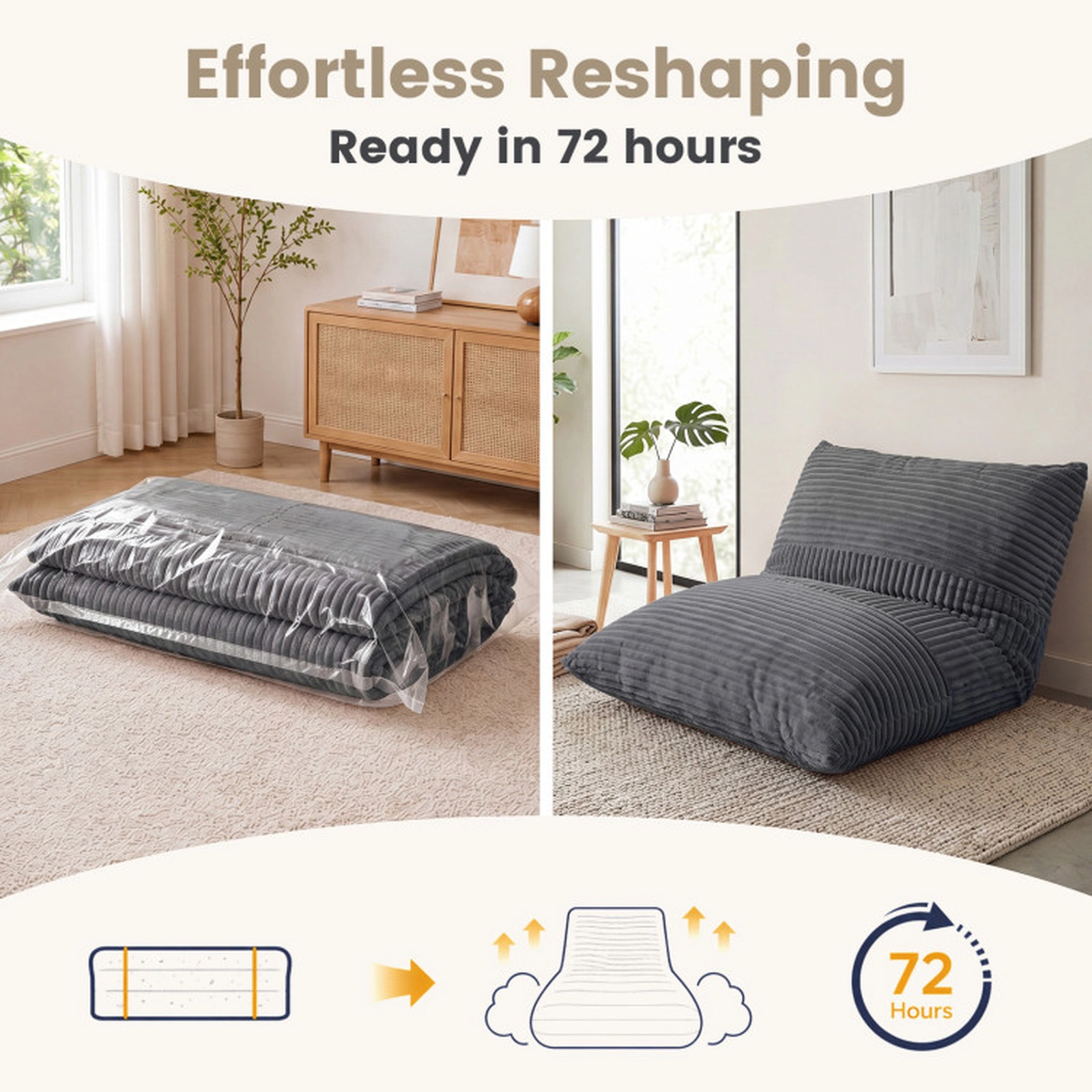 SUGIFT 3-in-1 Gray Corduroy Bean Bag Chair, Sofa and Bed, 73 x 53 in