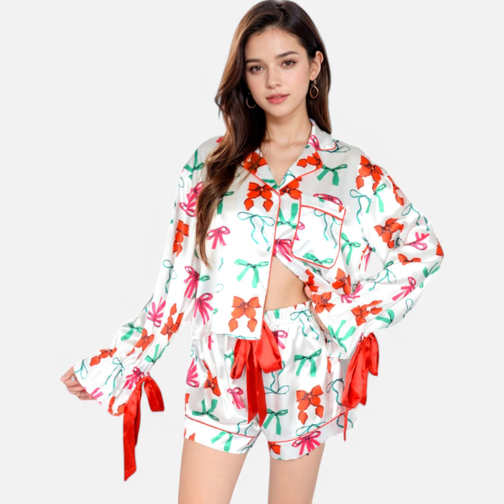 Anna-Kaci Women's Holiday Bow Print Pajama Set with Ribbon Tie Details and Button Up Top