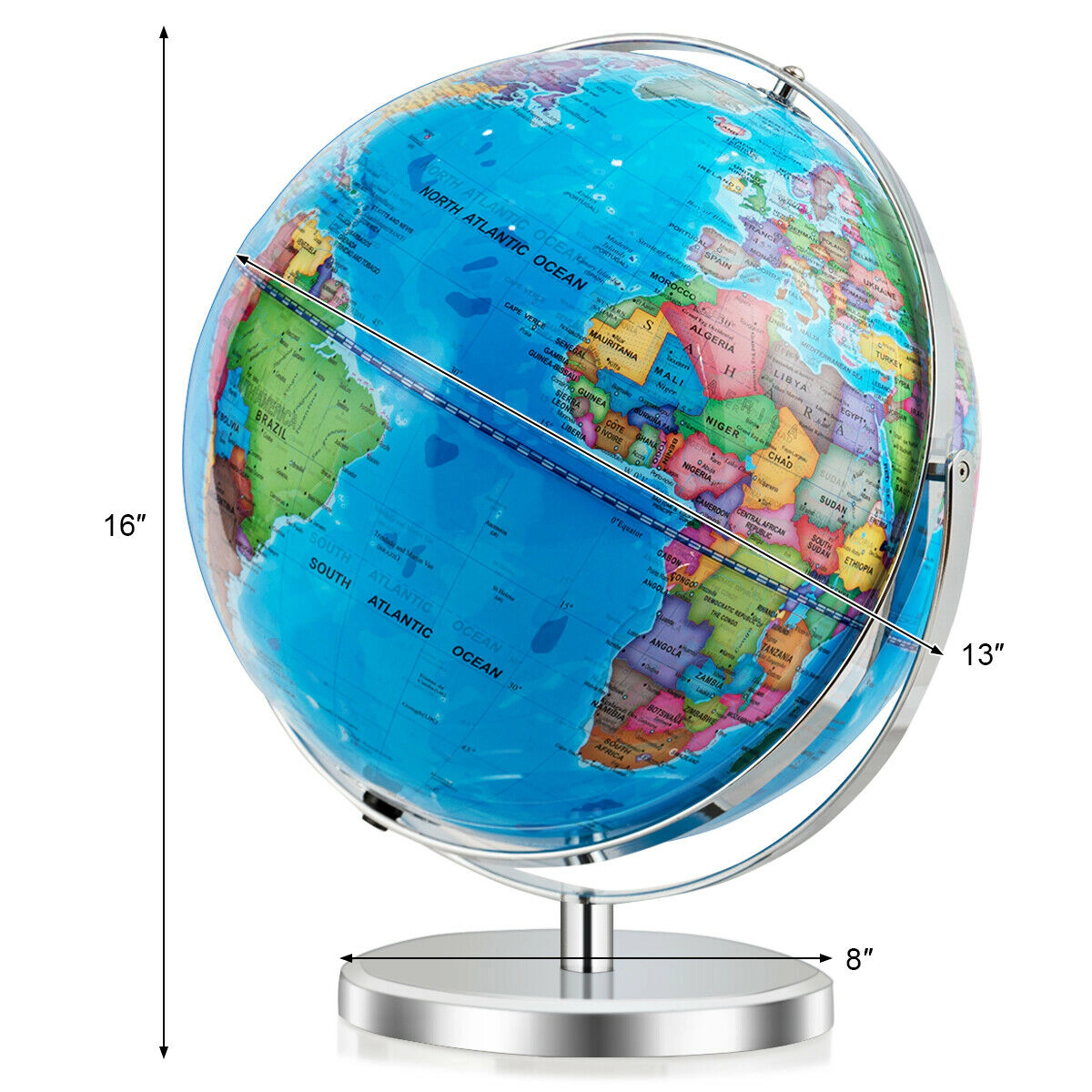 SUGIFT Kids 720-Degree Rotating LED Light Chrome Base World Globe 13-in Diameter 16-in Height 2.51-lb Net Weight Blue