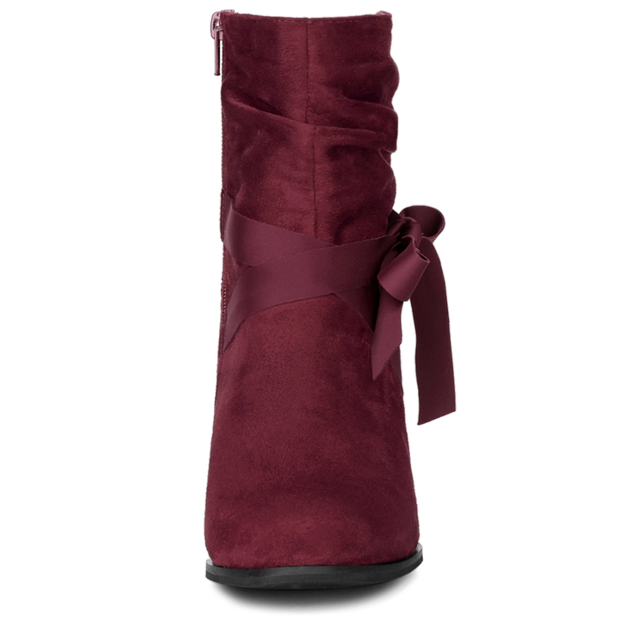 BLISSFUL STEP Women Faux Suede Slouch Chunky Heel Bow Decor Ankle Booties