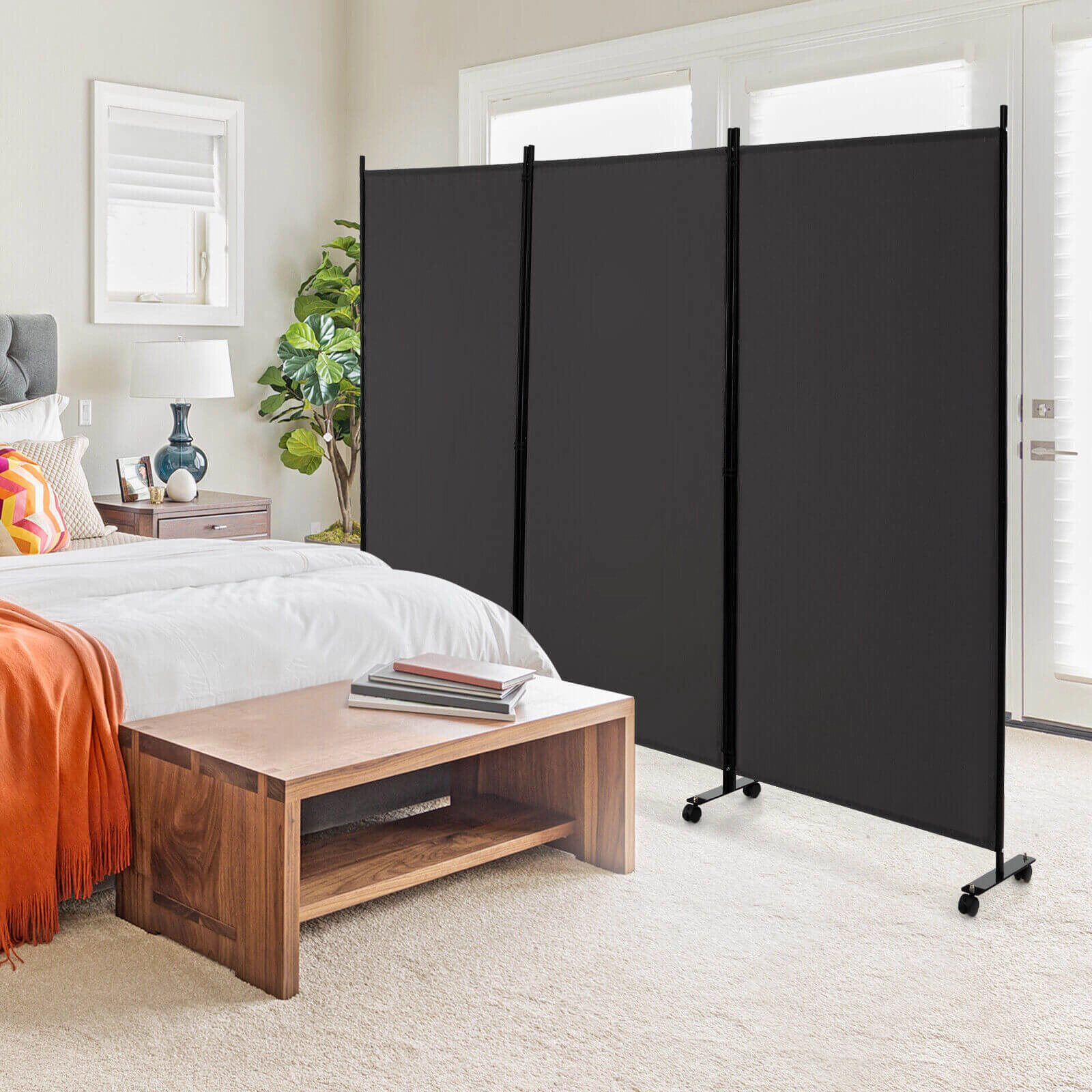 SUGIFT 3 Panel Folding Room Divider with Lockable Wheels 103-in Wide Metal Frame Polyester Fabric Gray