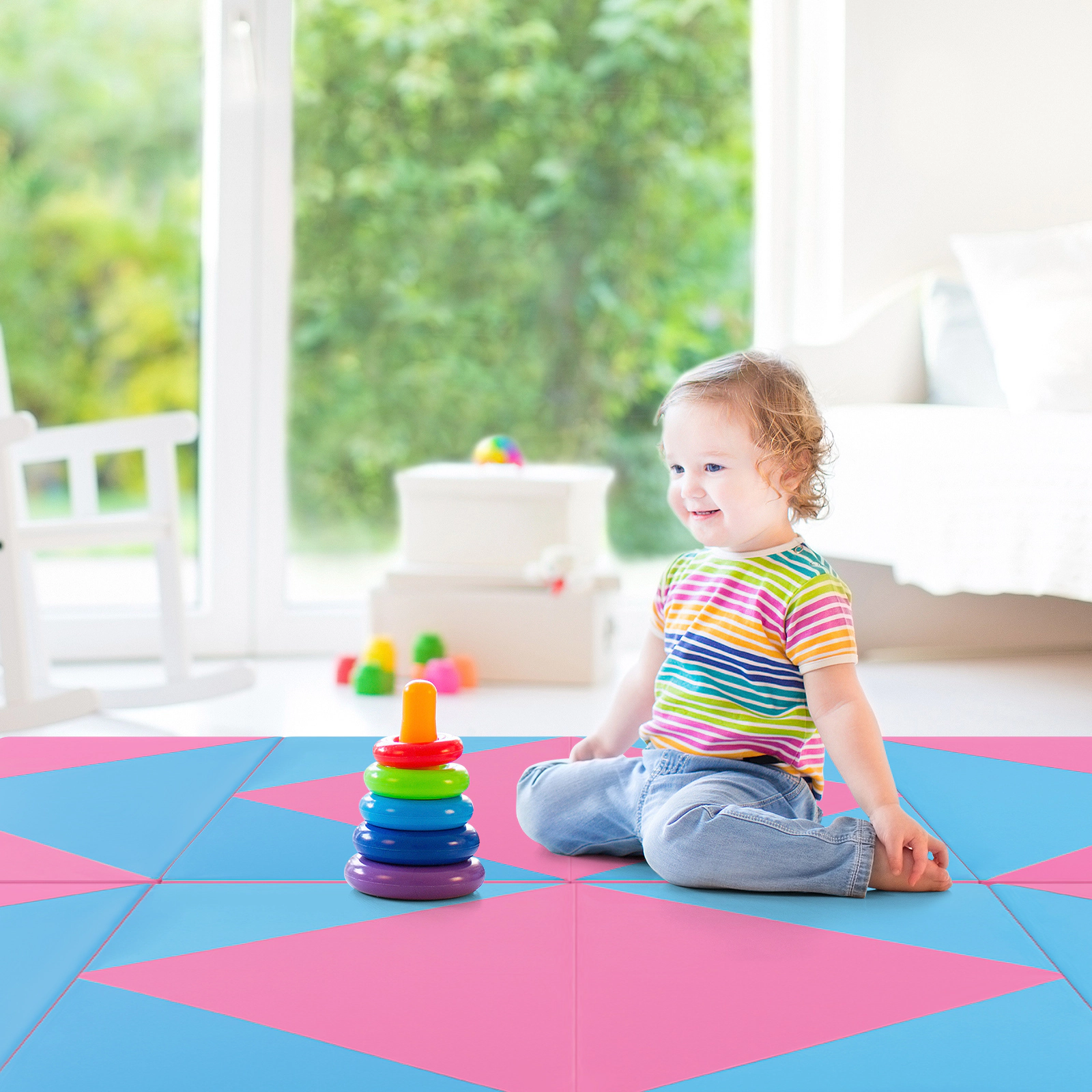 SUGIFT Pink and Blue 4-Panel Folding Gymnastics Exercise Mat with Hook and Loop Fasteners 8-ft W 4-ft D 2-in H