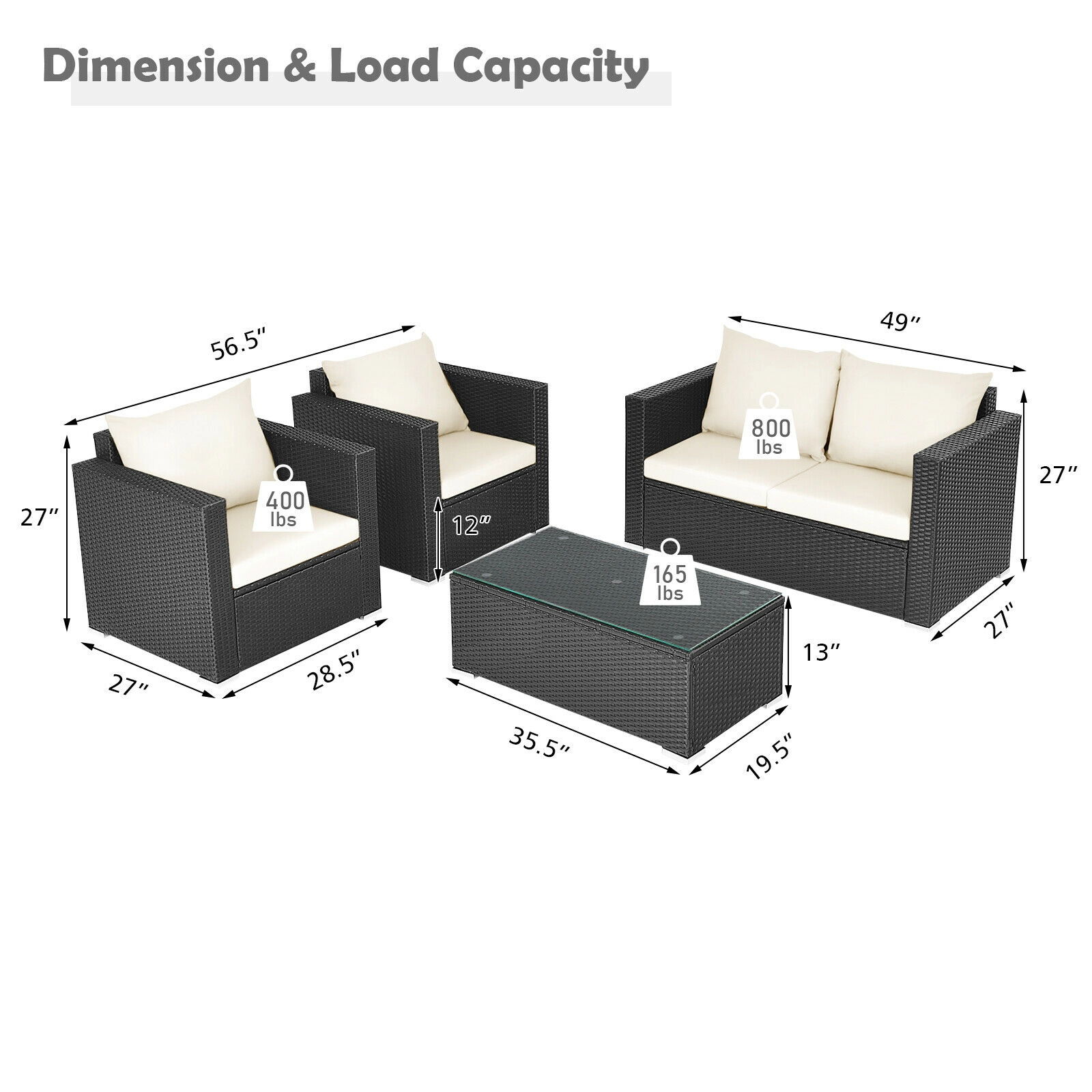 SUGIFT 4-Piece White Rattan Patio Conversation Set with Loveseat, 2 Sofas and Glass Table