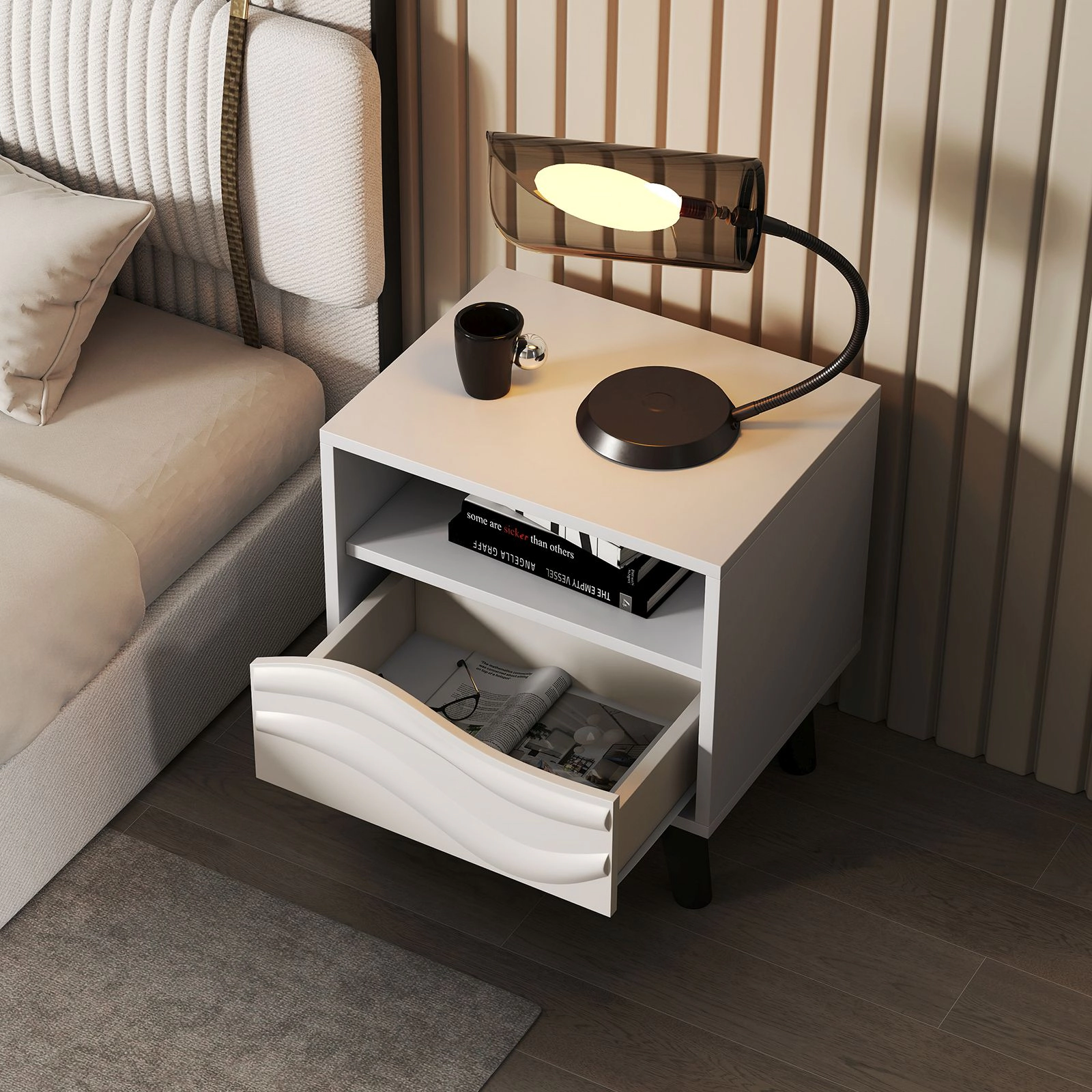 SlickBlue Modern Nightstand with Drawer and Open Shelf