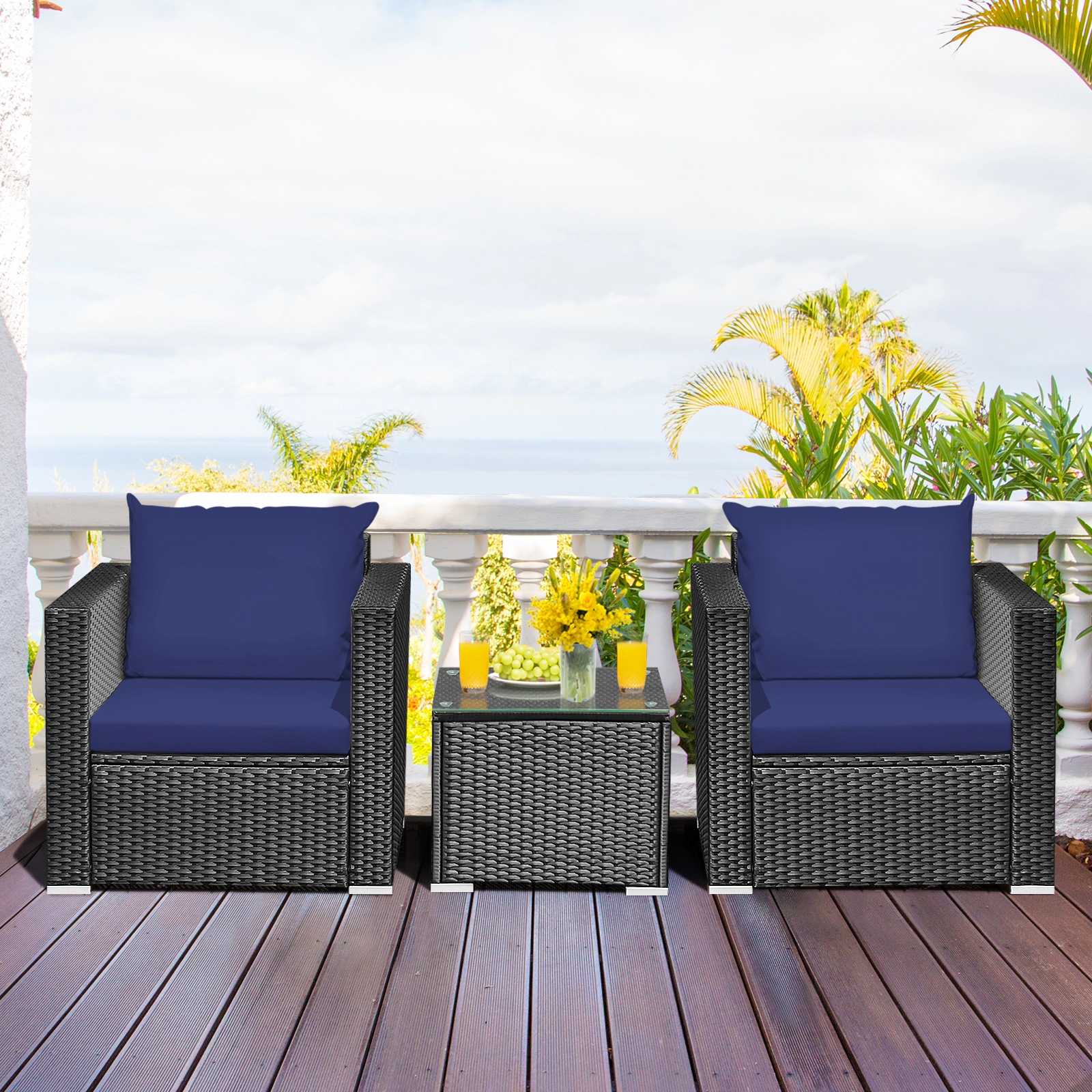 SUGIFT Steel Frame Patio Wicker Conversation Set with Cushions 400-lb Sofa Capacity Navy Black Rattan