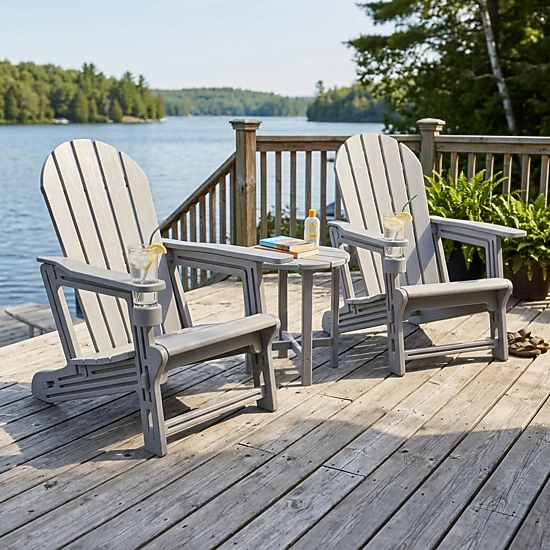 SUGIFT Set of 2 Gray HDPE Adirondack Patio Chairs with Cup Holders, Wood Grain Texture, 330-lb Capacity Each