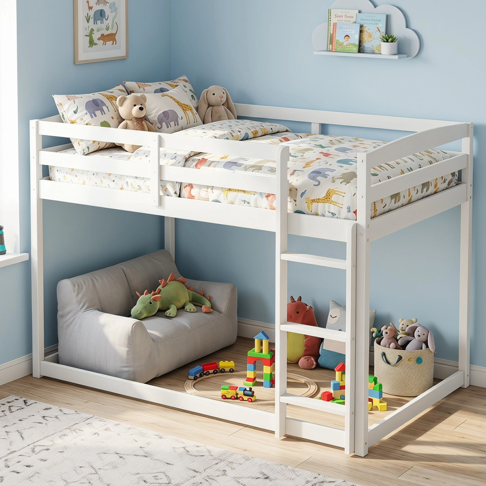 SUGIFT Full-Over-Full Low Bunk Bed, Solid Pine, 3-Step Ladder, 12-in Guardrails, White