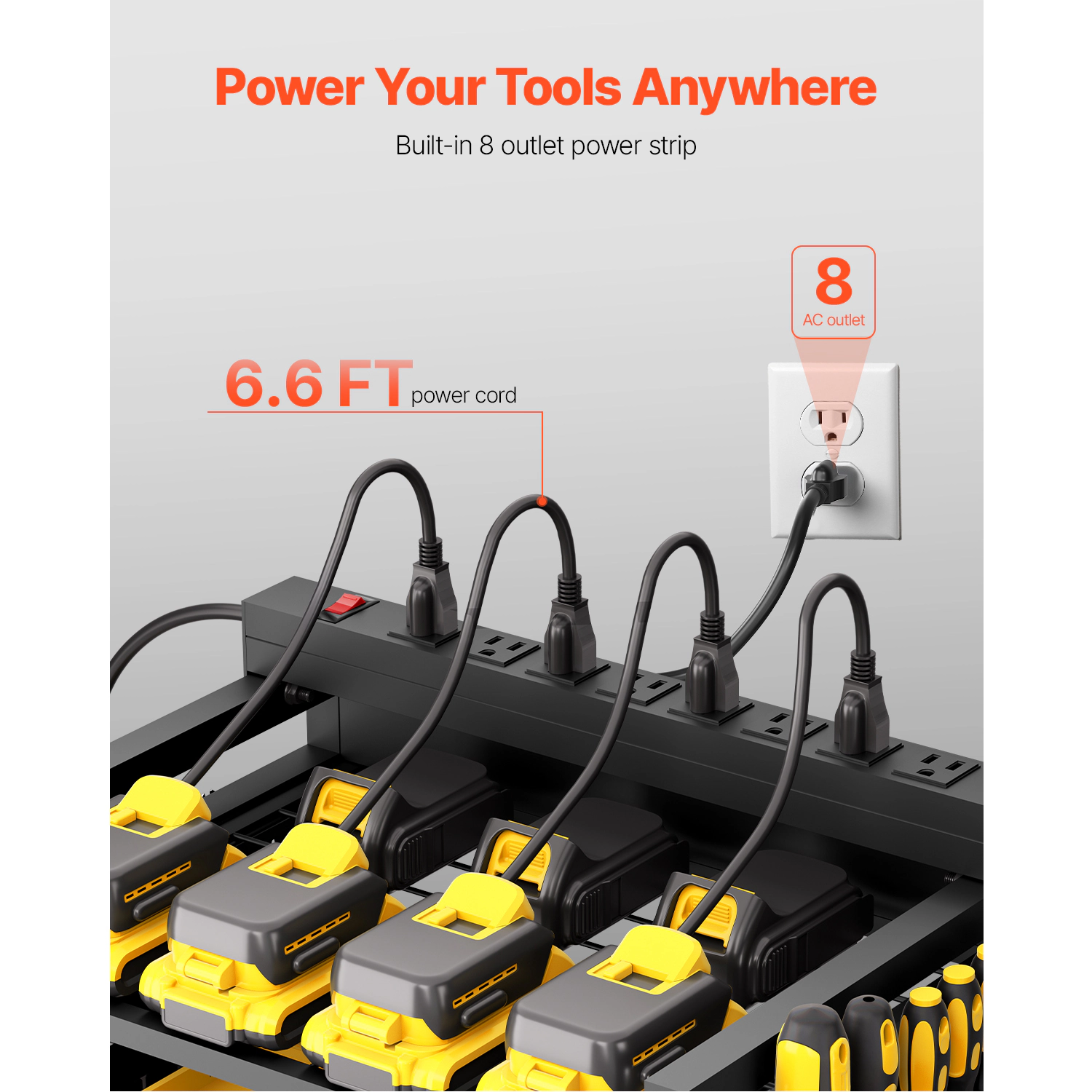 HONGGE Tool Organizer Cart with Charging Station 8 AC Outlet Floor Stand Rolling Drill Holder and Tool Battery Storage