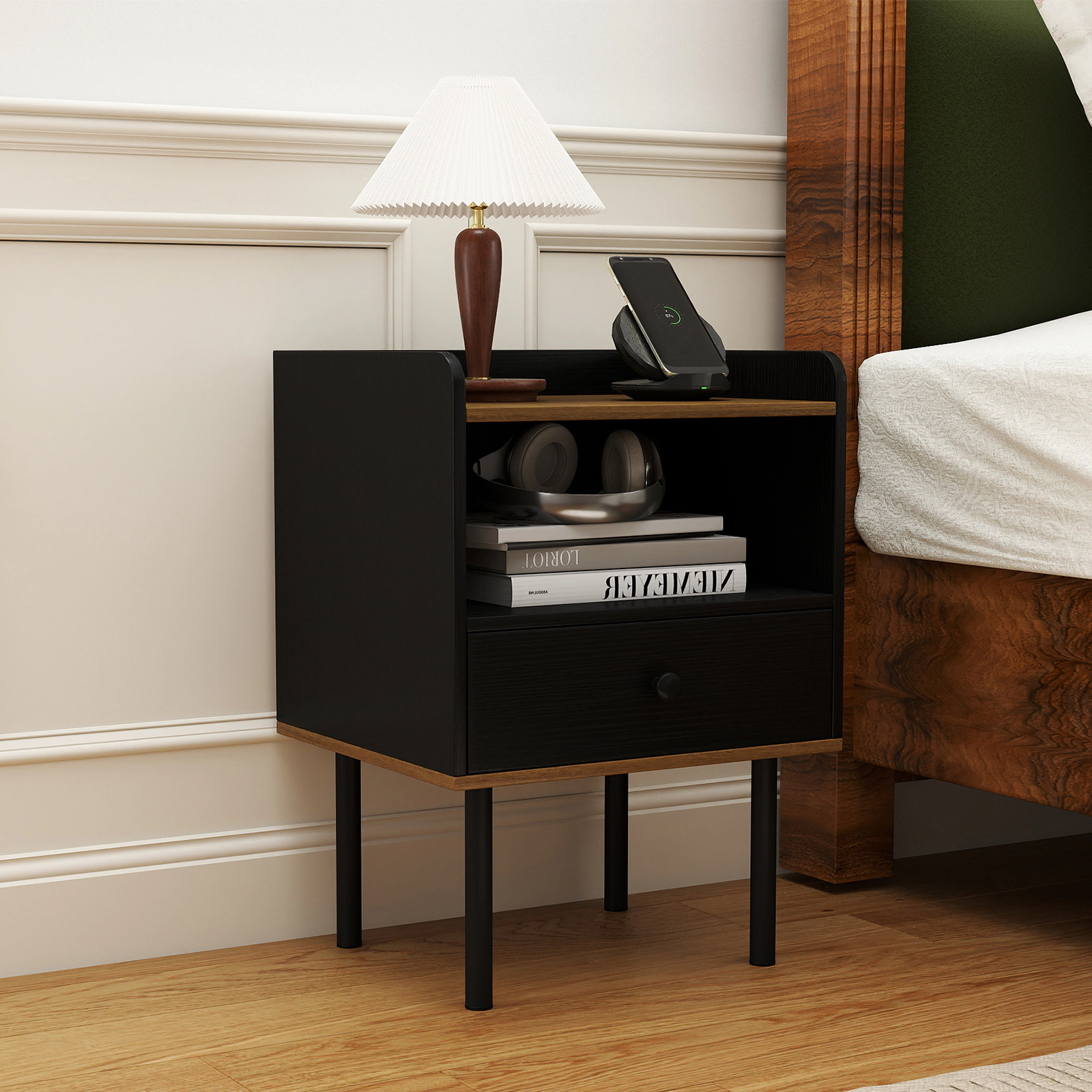SUGIFT 3-Tier Nightstand with Drawer and Open Storage Shelf 66-lb Tabletop Capacity 16-in Wide Frame Black & Natural