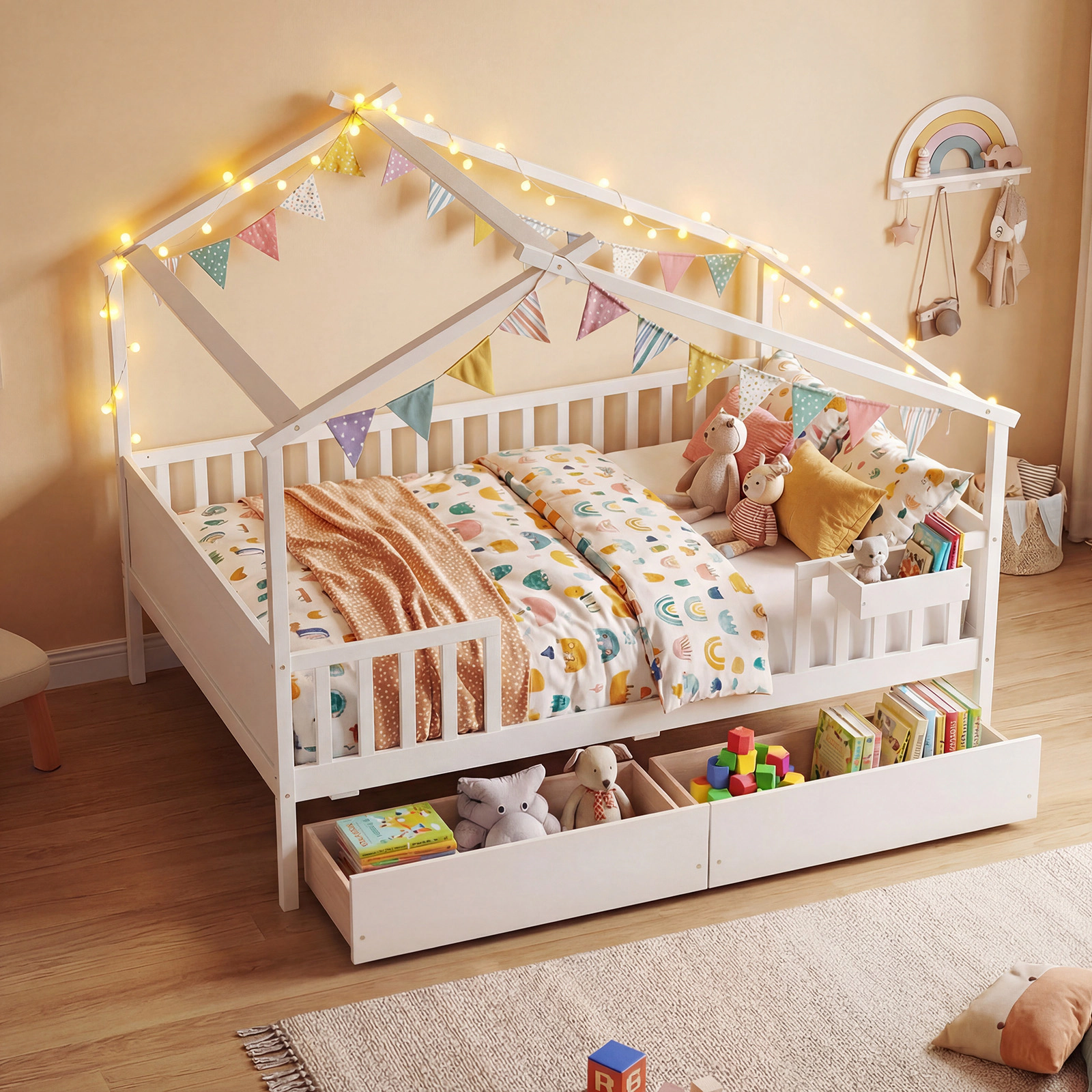 SUGIFT Full-Size White Wood House Bed with Roof, Fence Rails and 2 Storage Drawers