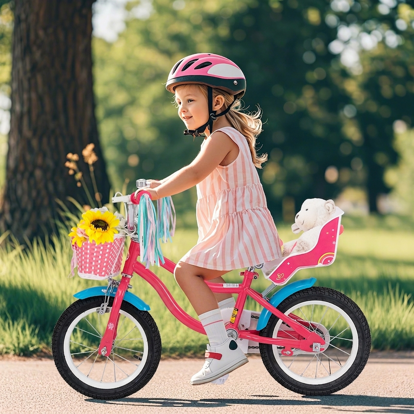 14-in Girls Bike Doll Seat Basket and Removable Training Wheels for Kids Ages 3-5 Adjustable Saddle and Handlebar Pink