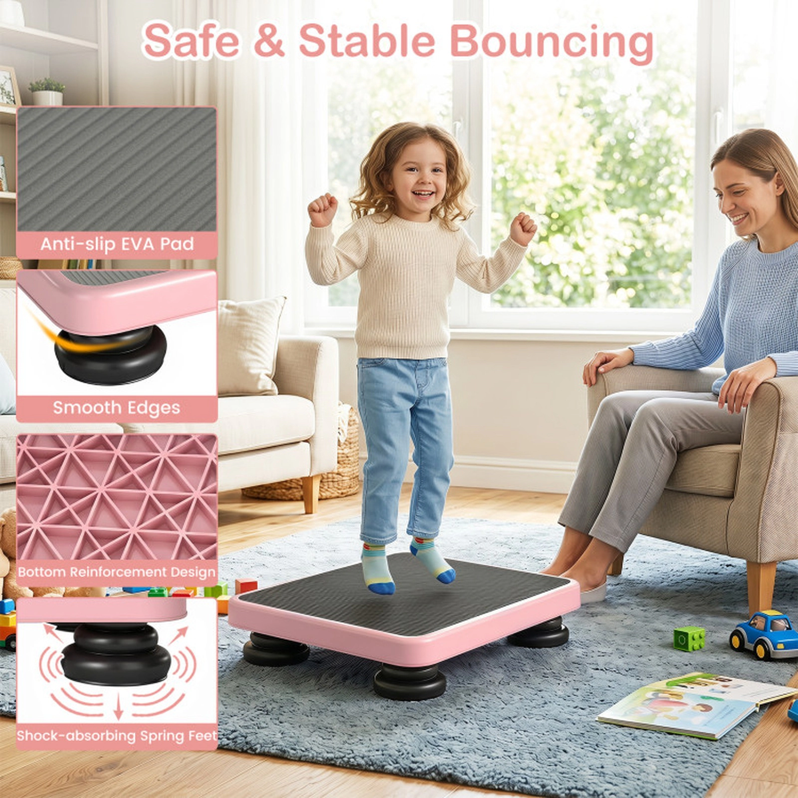 SUGIFT 24 x 20 in Kids Rebounder Bouncing Board Elastic Rope 330-lb Capacity Ages 3+ Pink PP EVA PU Exercise Platform