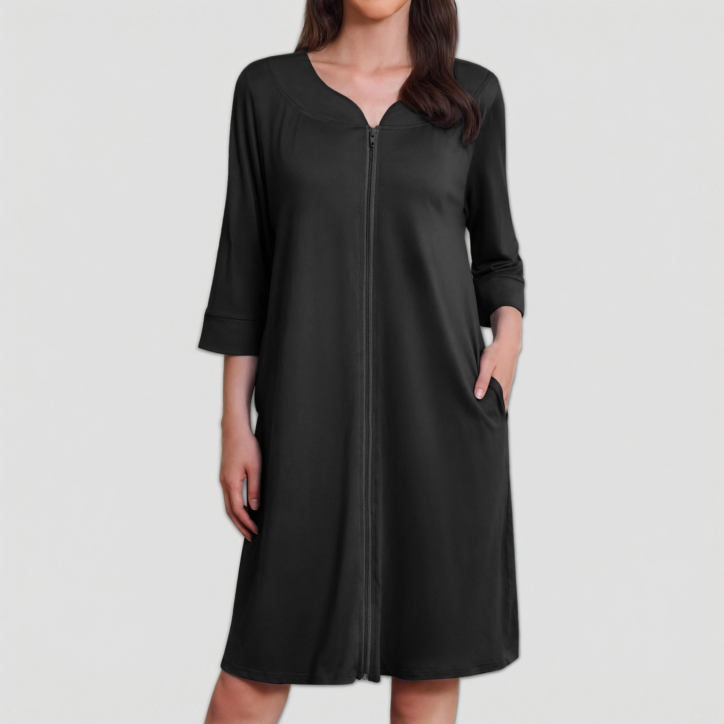 Ekouaer Zipper Robes Three Quarter Sleeves Housecoat Nightgowns Floral Print House Dresses
