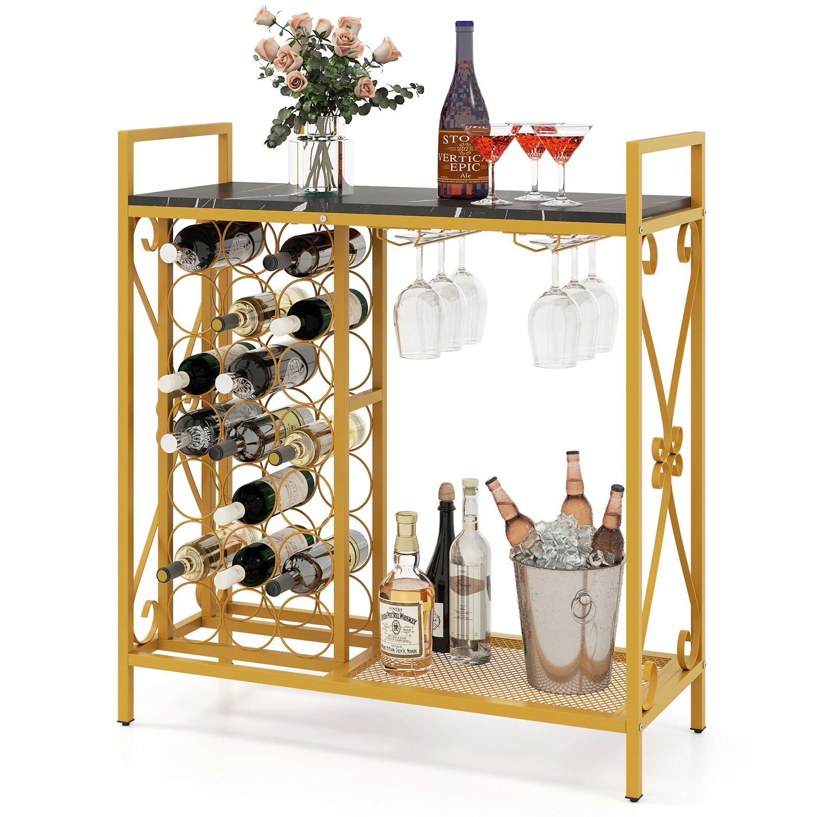 SUGIFT 40-in 21-Bottle Freestanding Floor Wine Rack with 6-Glass Holder and Metal Storage Stand