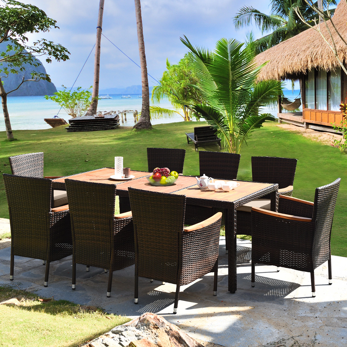 SUGIFT 9-Piece Stackable Rattan Chairs Acacia Wood Table Outdoor Dining Set 75-in x 36-in 250-lb Capacity Mix Brown