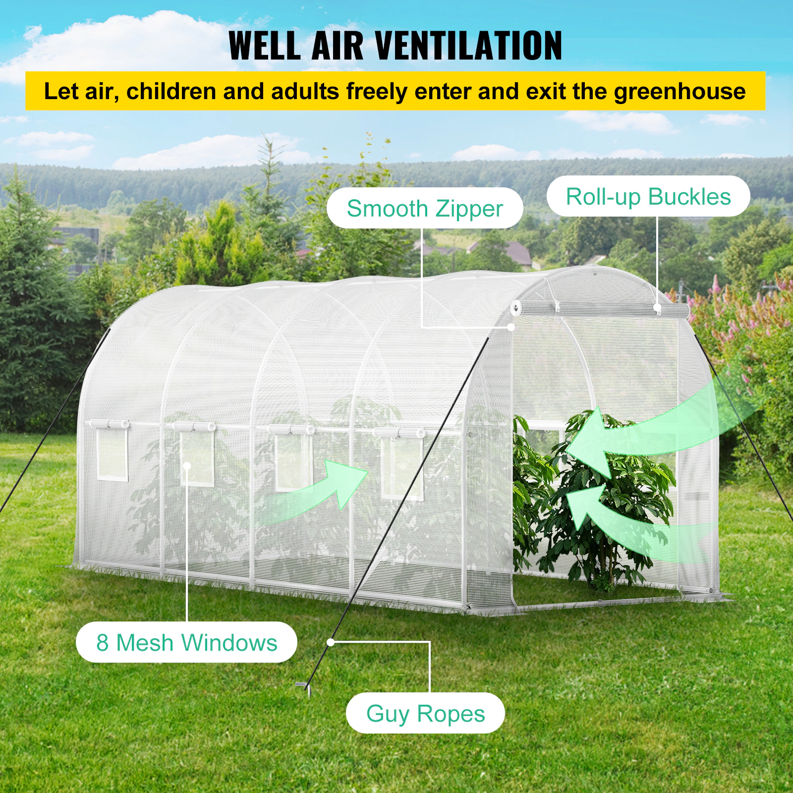 HONGGE Walk-in Tunnel Greenhouse Portable Plant Hot House with Galvanized Steel Hoops 1 Top Beam Diagonal Poles