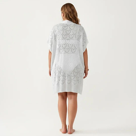 Anna-Kaci Women's Open-Front Knit Cardigan with Heart Pointelle Pattern Short Sleeves Mid Length Fit