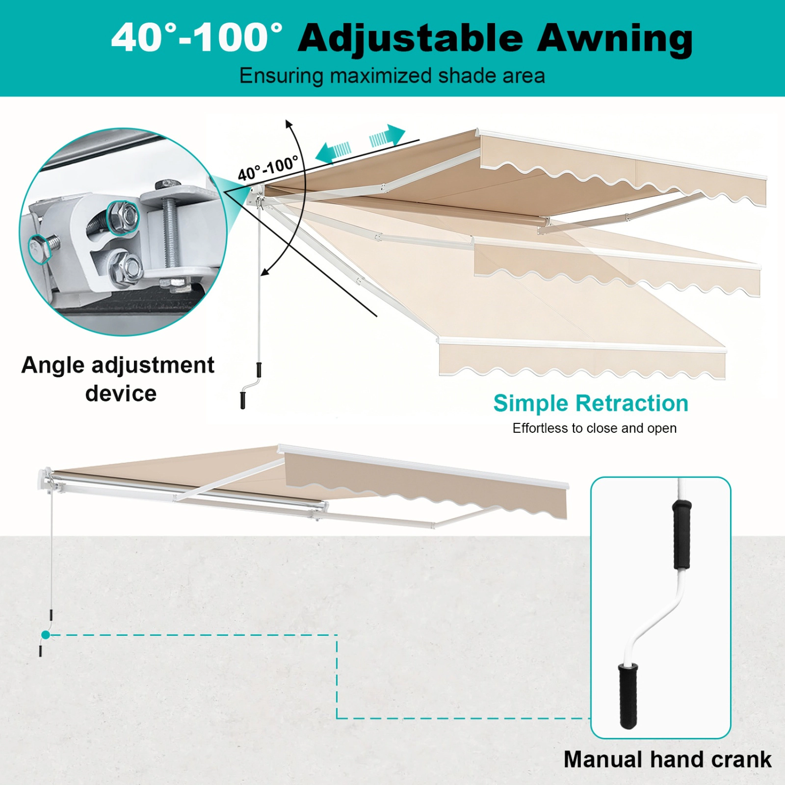 SUGIFT Easy-Opening Retractable Patio Awning with Manual Crank Handle Brown/Beige