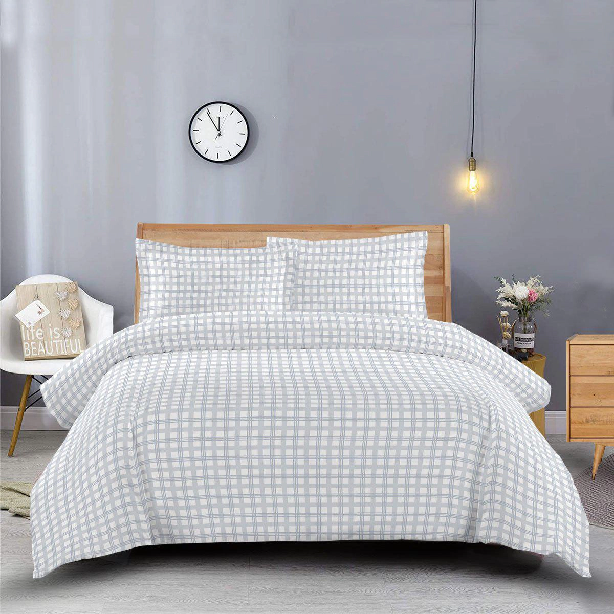 Egyptian Linens Heavyweight 170 GSM Gray Check Print Flannel Cotton Duvet Cover Set