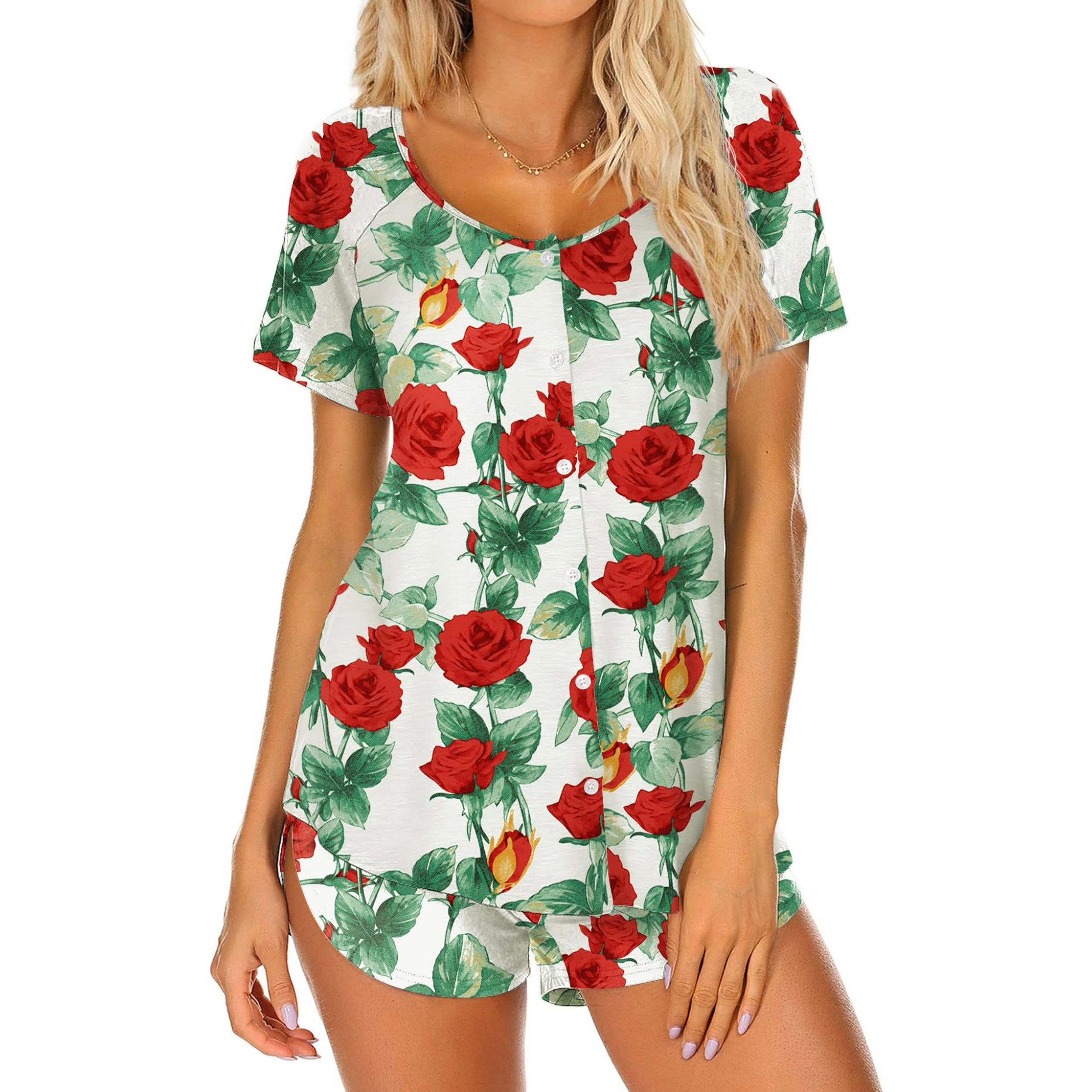 Elouaer Two Piece Pajama Sets Short Sleeve Lounge Sets Soft Round Neck Top and Shorts Sleepwear
