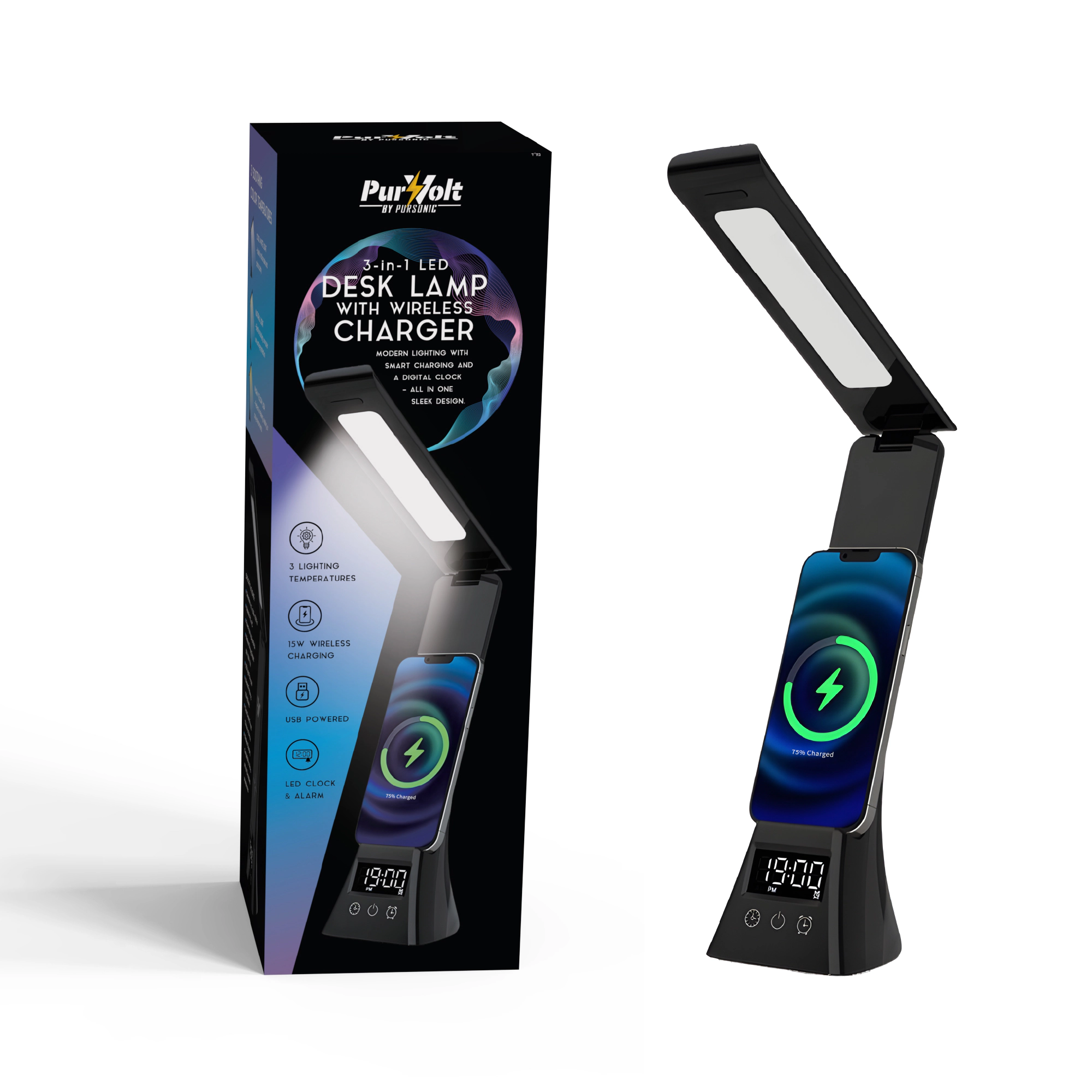 Pursonic Unisex 3-in-1 LED Desk Lamp with Wireless Charger and Alarm Clock – Sleek, Smart, and Space-Saving