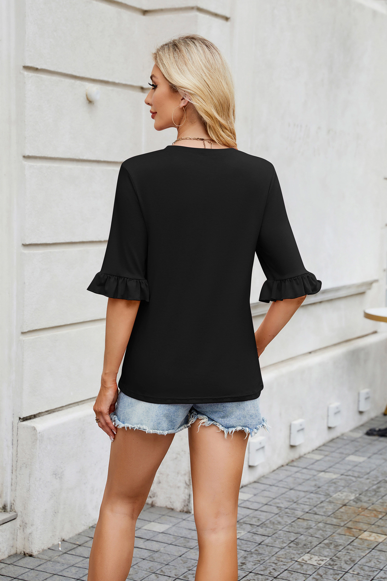 KOJOOIN Women's Pleated Front T‑Shirt Elbow Length Ruffle Cuff Casual Blouse Everyday Summer Top Basic Tee