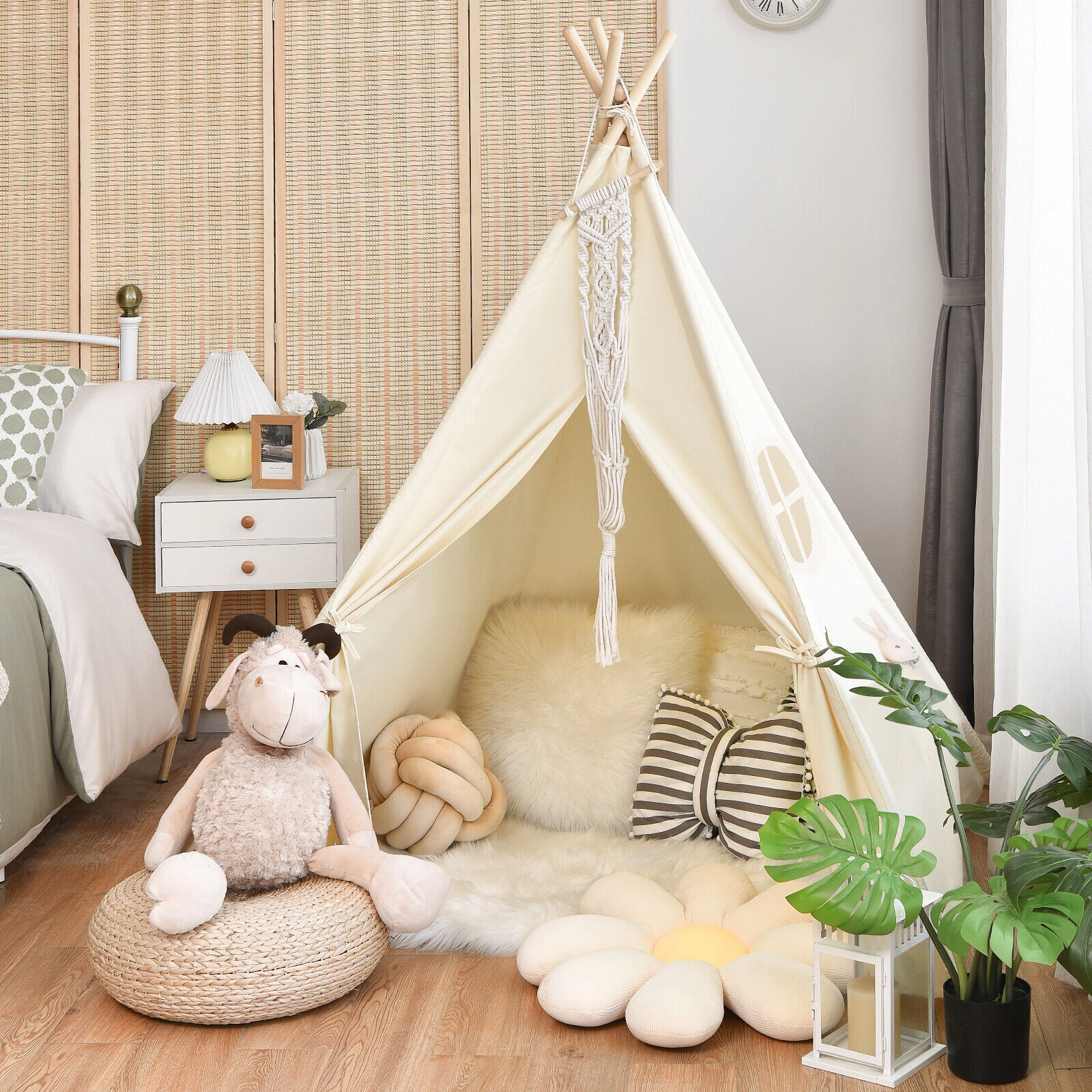 Foldable Kids Teepee Play Tent 47-in Cotton Canvas Tent with Pine Wood Poles Side Pockets Window and Carrying Bag Beige