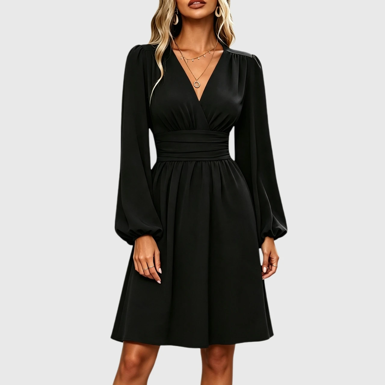 YesFashion Women Deep V Neck Mini Dress Long Sleeve High Waist A-Line Casual Wedding Guest
