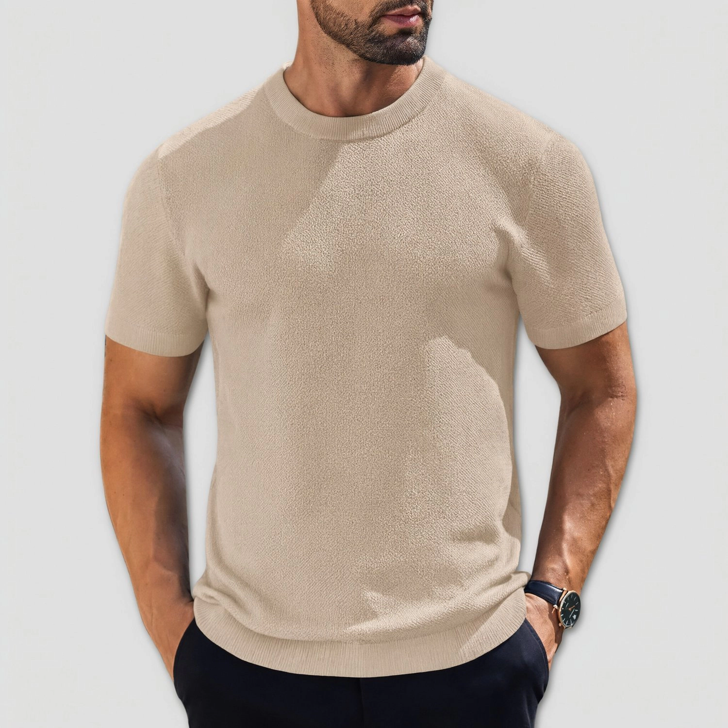 COOFANDY Mens Short Sleeve Knit T-Shirt Fall Crew Neck Ribbed Trim Casual Slim Tee