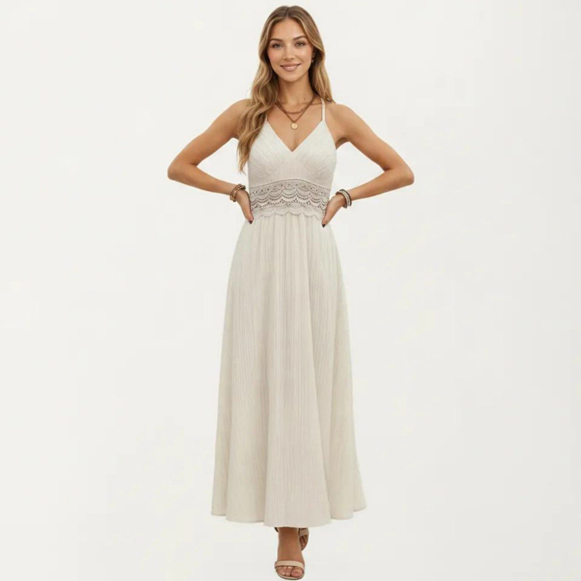 Anna-Kaci Women's Boho Crochet Lace Inset Keyhole Back Maxi Dress