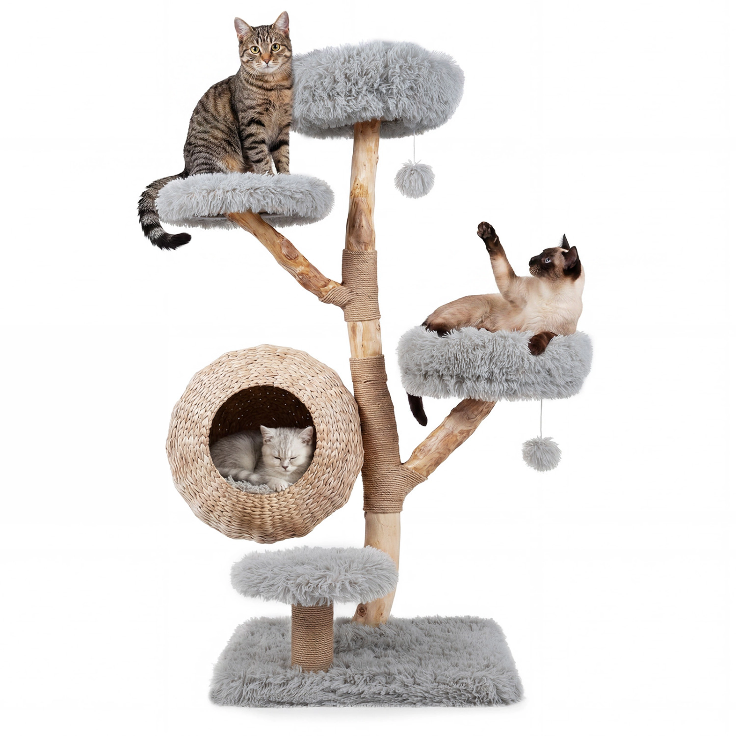 LJG 5-Tier Wooden Cat Tree with Woven Condo Plush Perches Jute Posts & Balls
