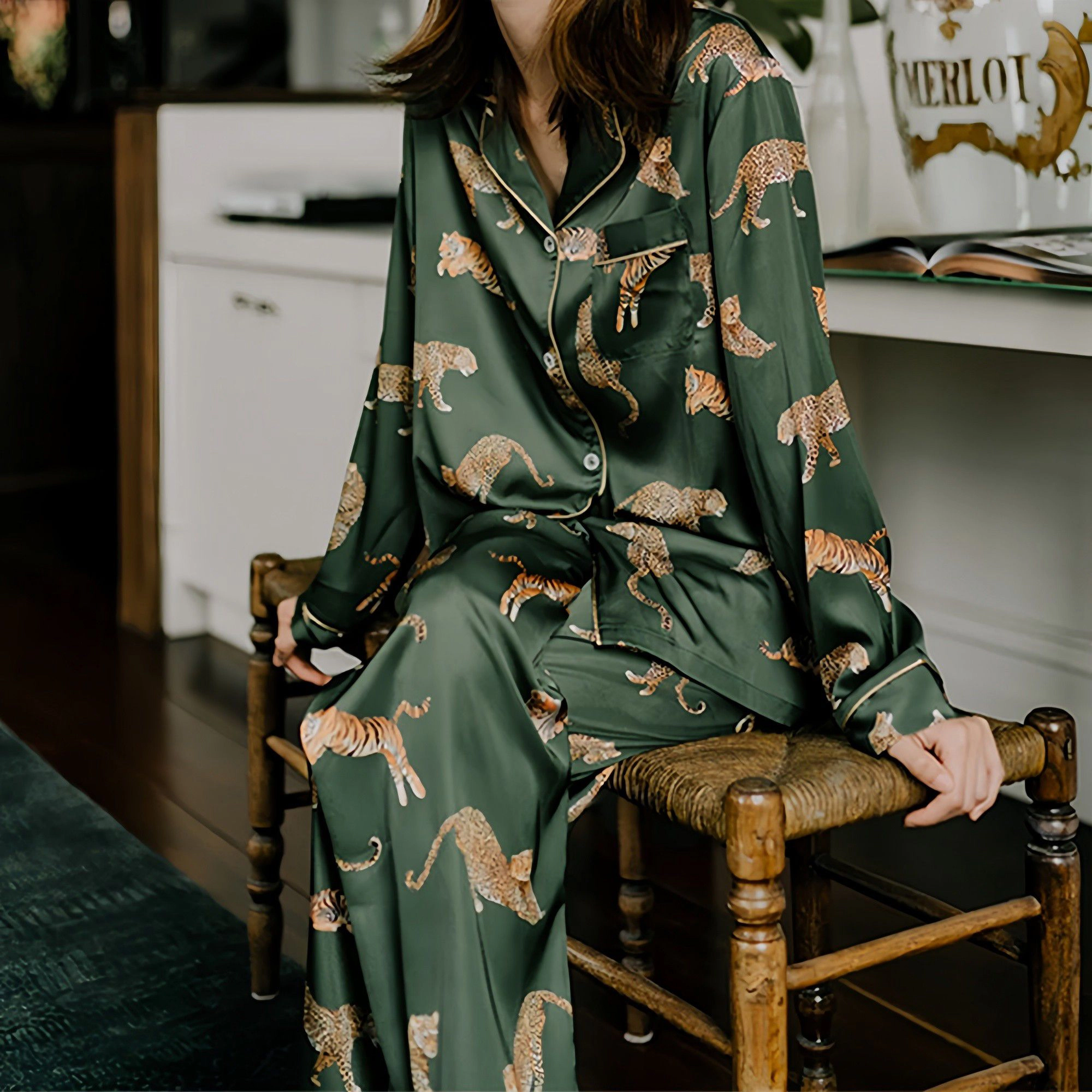 Anna-Kaci Women's Long Sleeve Button Front Pajama Set with Tiger Print and Satin Finish