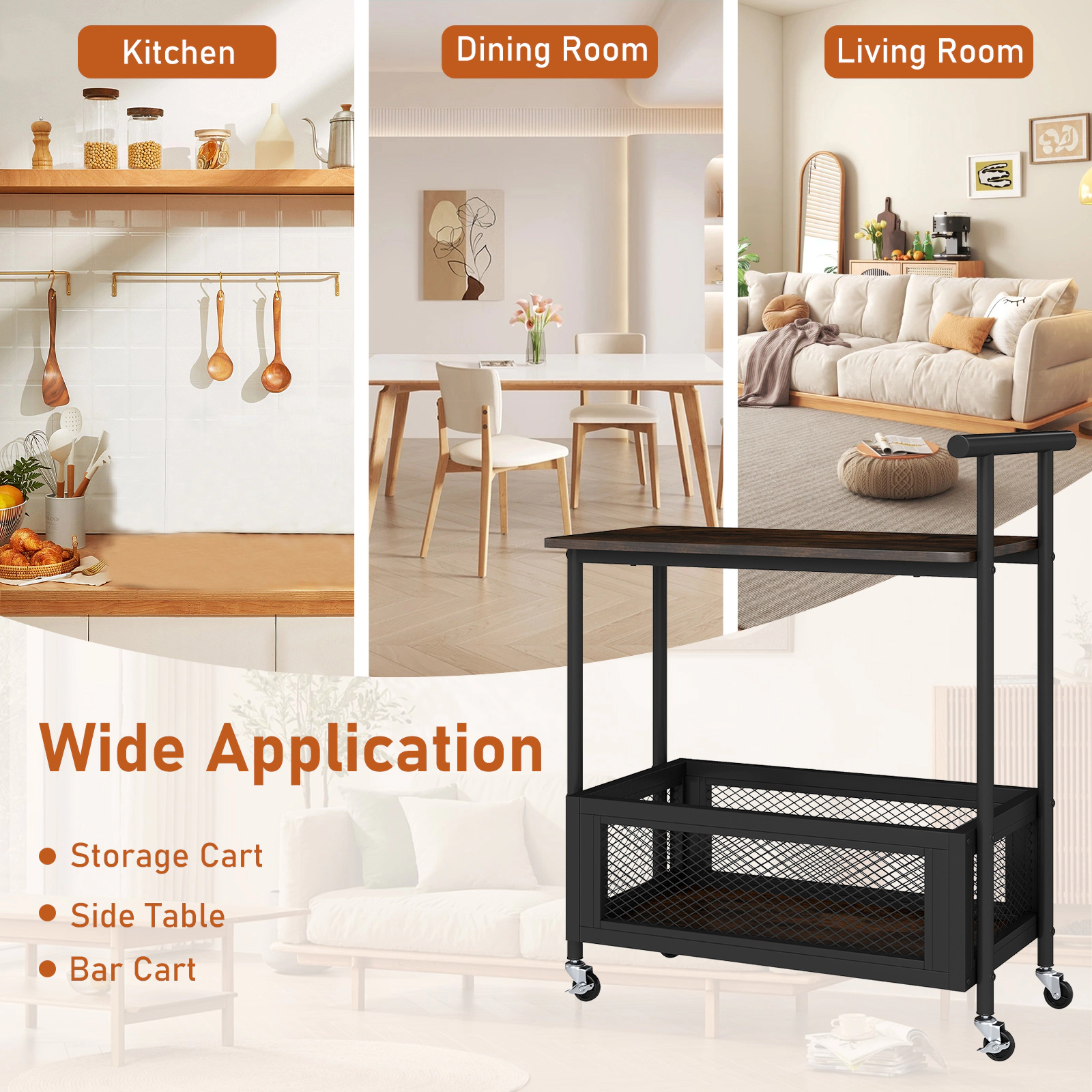 Glintex 2-Tier Rolling End Table with Push Handle and Guardrailed Bottom Shelf, Rustic Brown