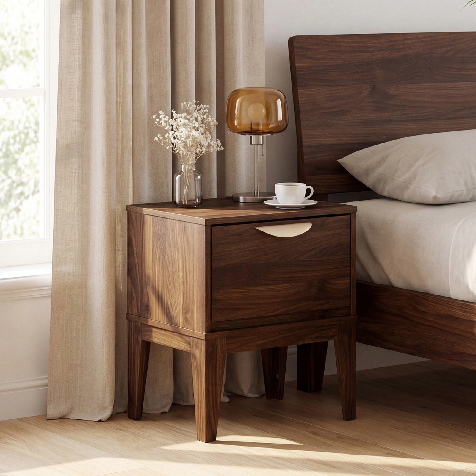 SUGIFT Mid Century Modern Bedside Table Nightstand with Drawer & Tapered Support Legs 45-lb Tabletop 10-lb Drawer Walnut