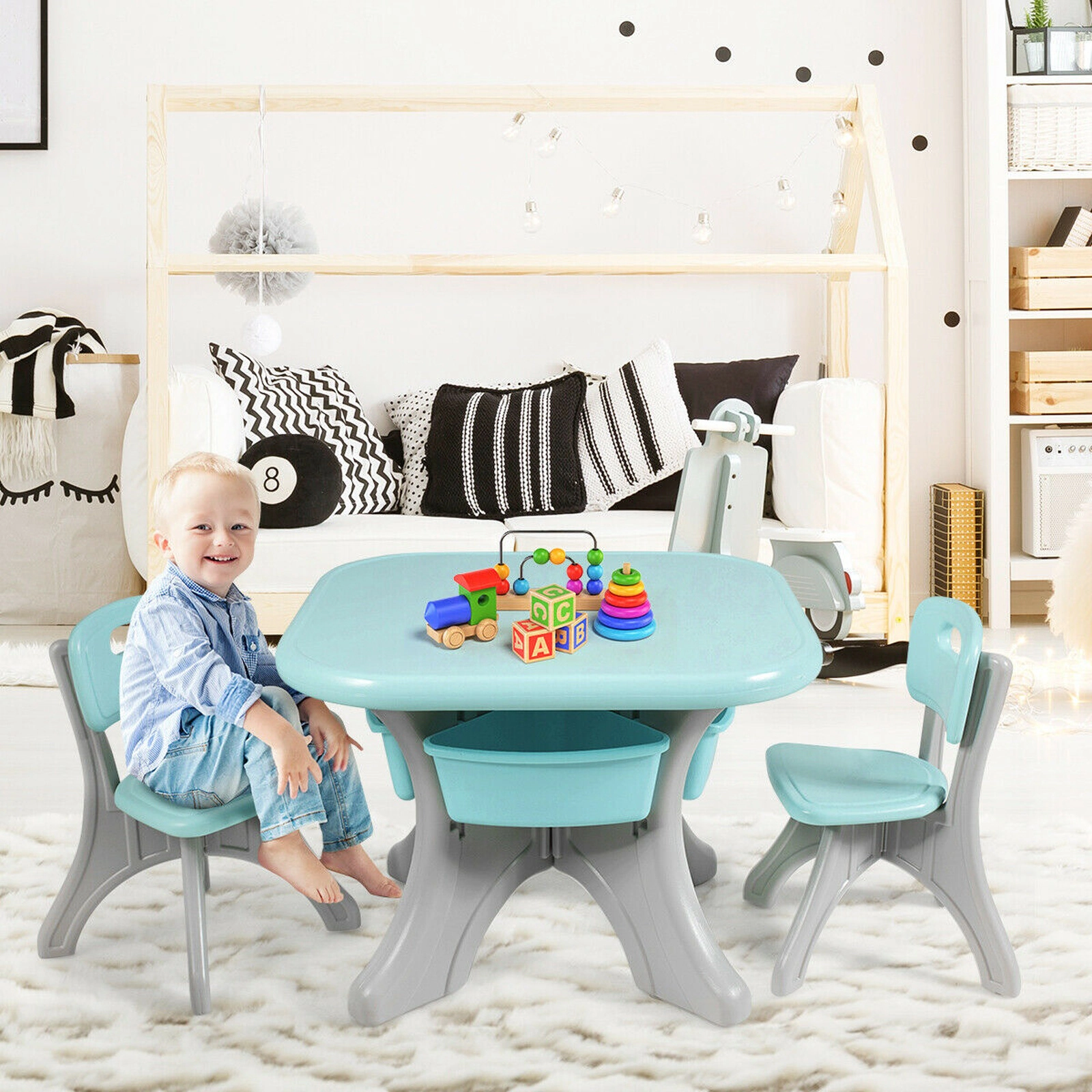 SUGIFT Blue Kids Activity Table and 2 Chairs, 4 Storage Drawers, 27-Inch Square Top