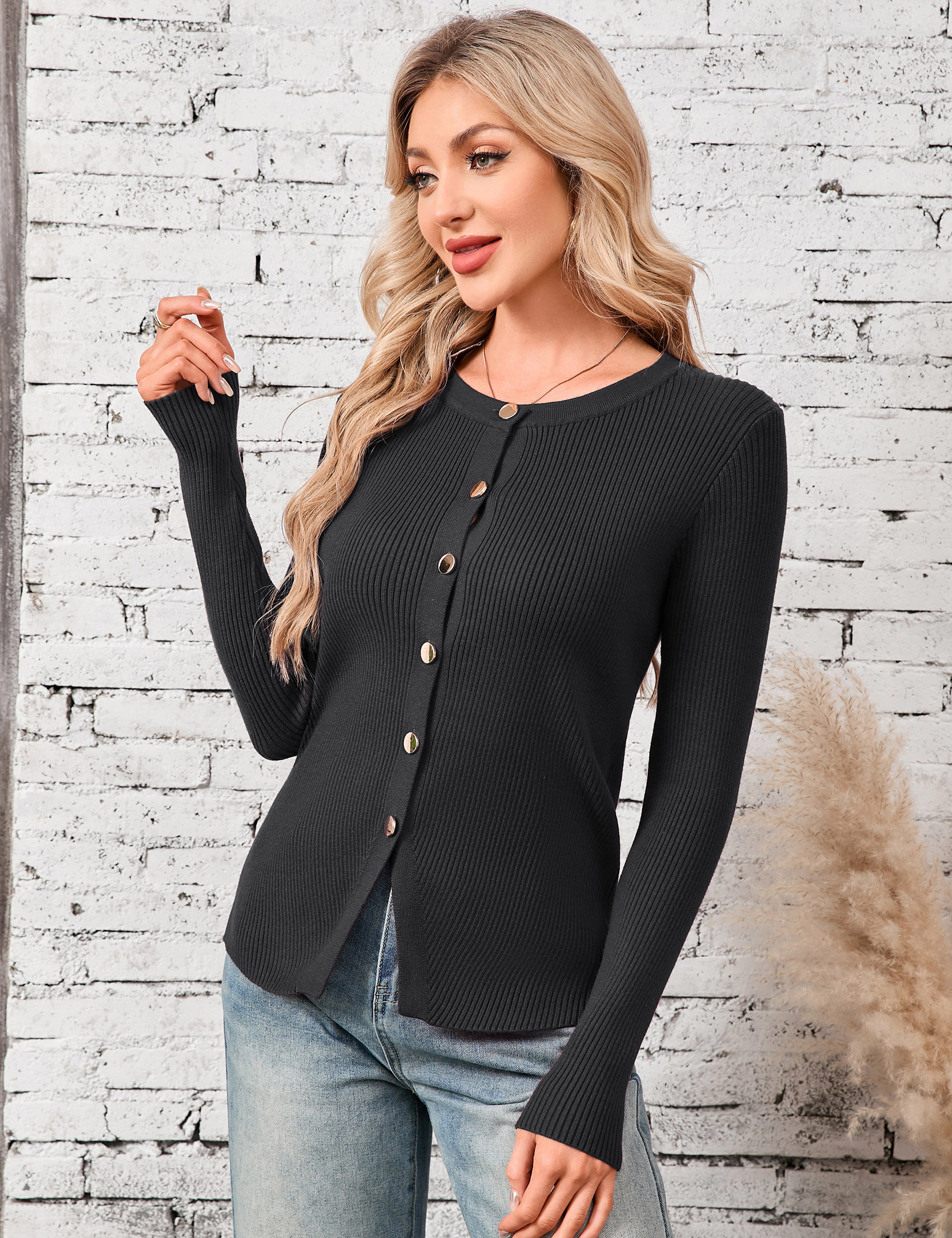 KOJOOIN Women's Ribbed Knit Cardigan Crew Neck Long Sleeve Button Down Slim Fit Top Coat