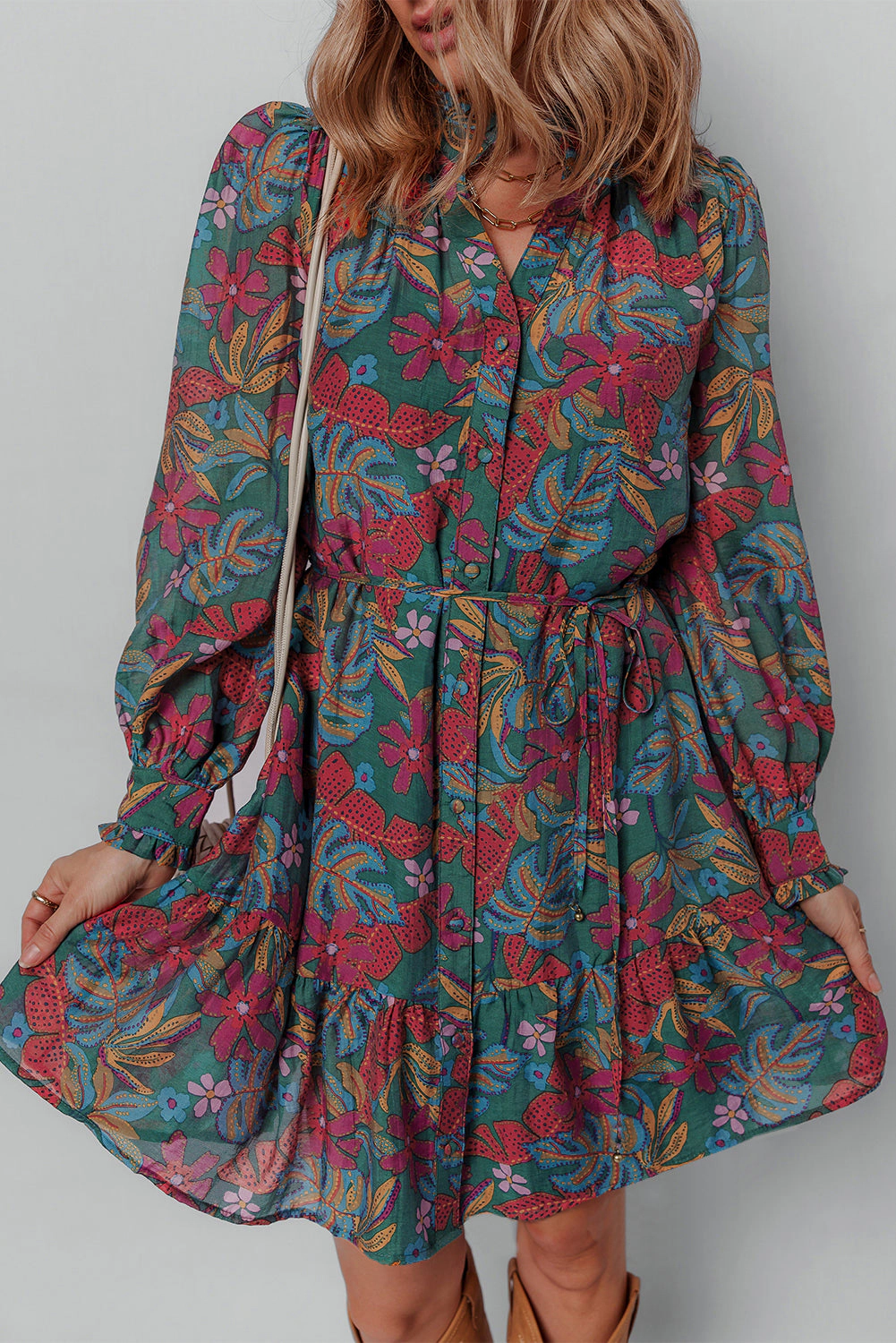 Threaded Pear Women's Maria Floral V Neck Puff Sleeve Dress