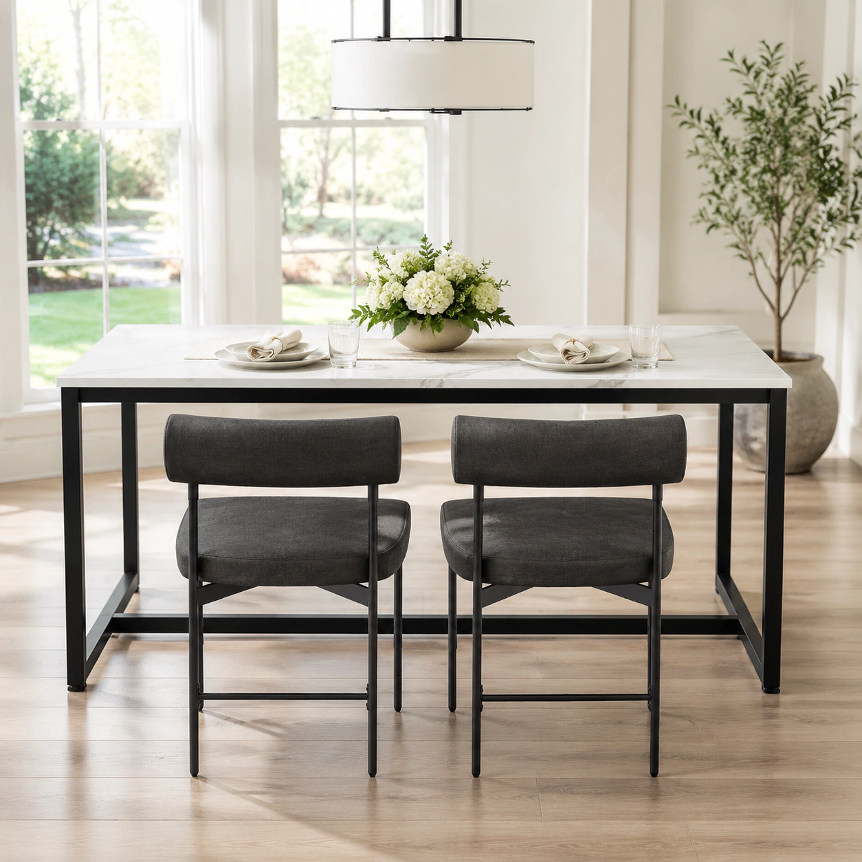 SUGIFT Gray Curved Padded Backrest and Metal Legs Set of 2 Faux Leather Kitchen Side Chairs