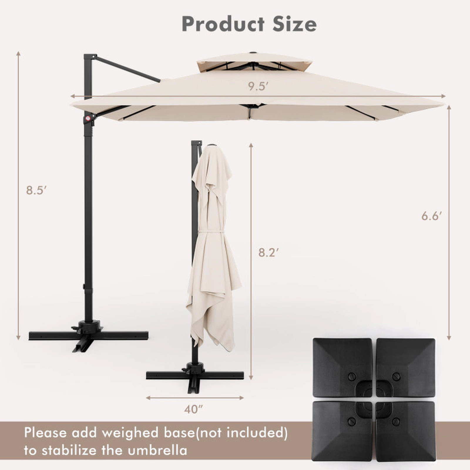 SUGIFT Beige Double Top and 360-Degree Rotation 9.5 FT Square Cantilever Patio Umbrella