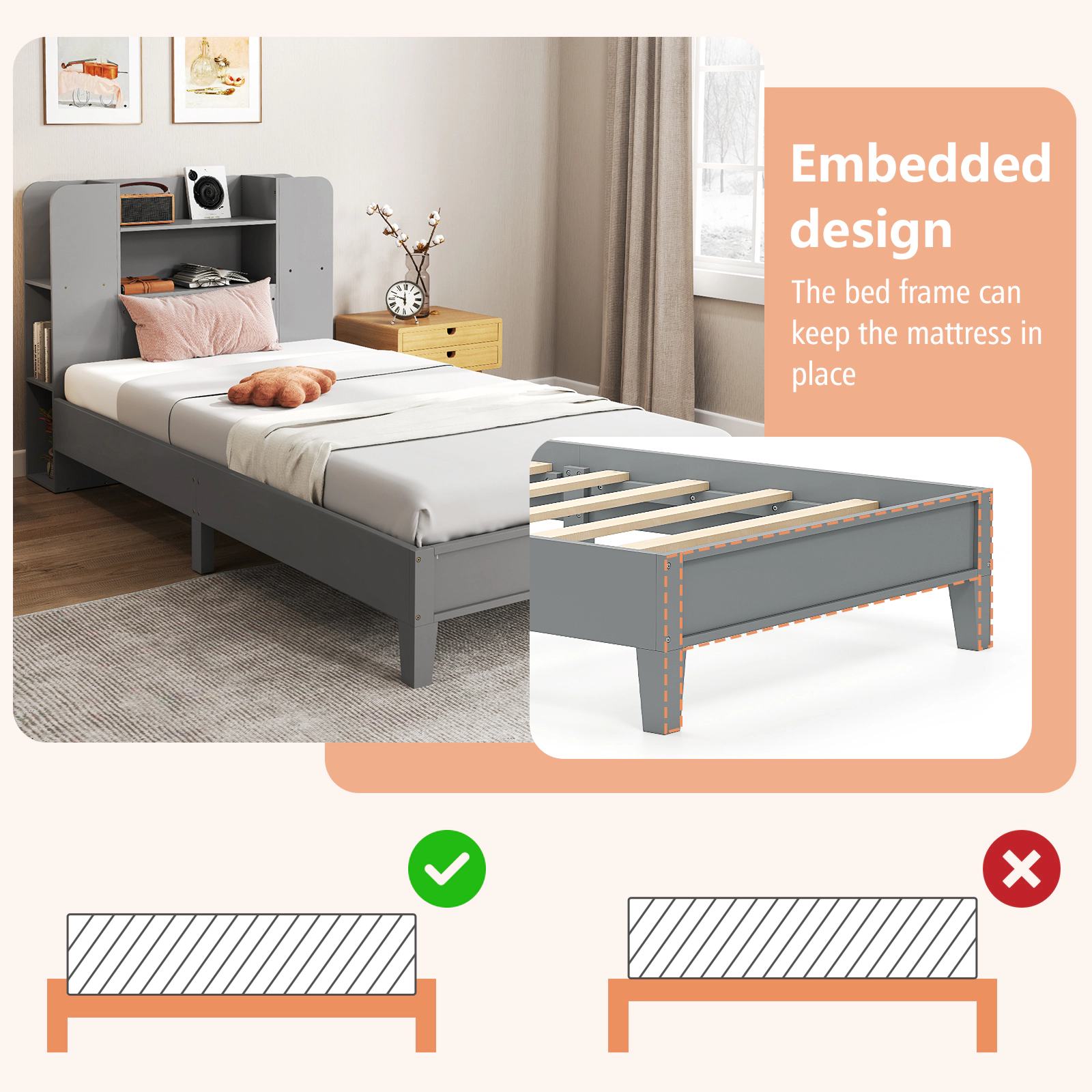SUGIFT Twin Size Wooden Platform Bed Frame with Bookcase Headboard 400-lb Capacity 6-in Under-Bed Storage White/Gray