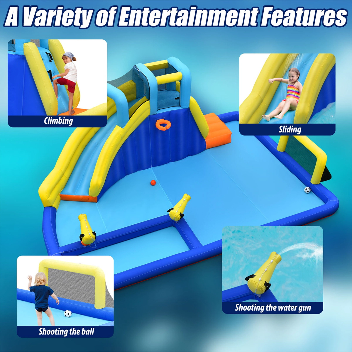 SUGIFT 6-in-1 Inflatable Water Slide Jumping House 265-lb Capacity Ages 3-12 Blue Yellow without Blower