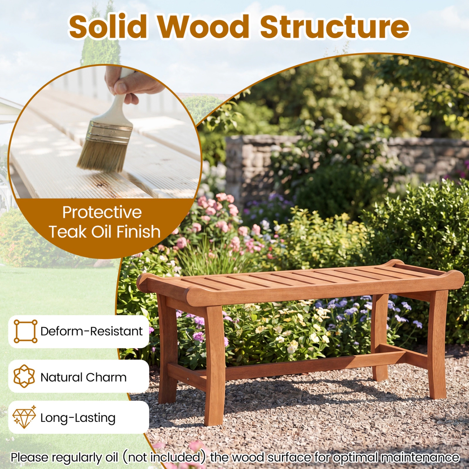 SUGIFT 2-Person Outdoor Mixed Hardwood Bench with Slatted Seat and Raised Edges 530-lb Capacity Orange Set of 2