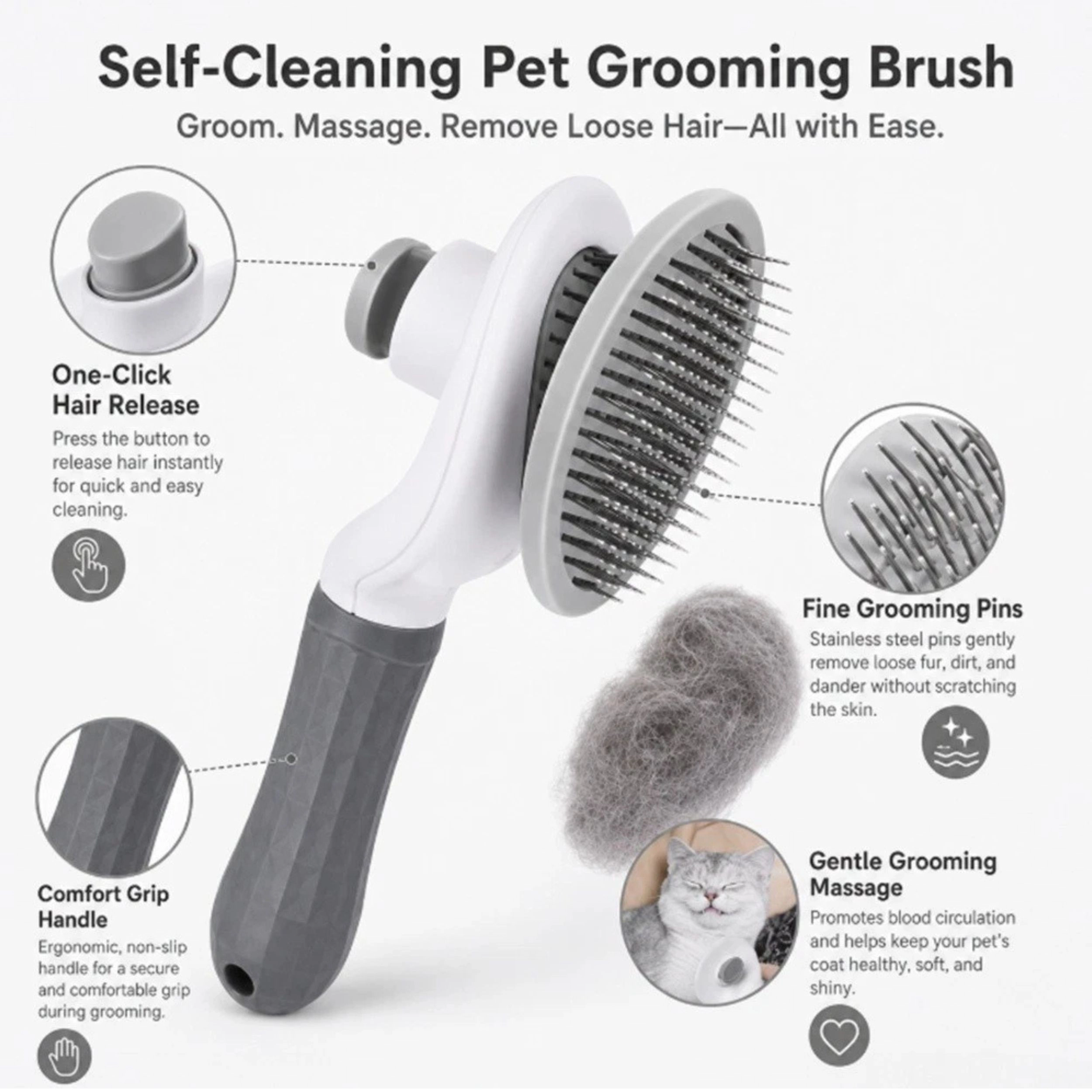 Home Collection Self-Cleaning Pet Hair Remover Brush for Dogs & Cats