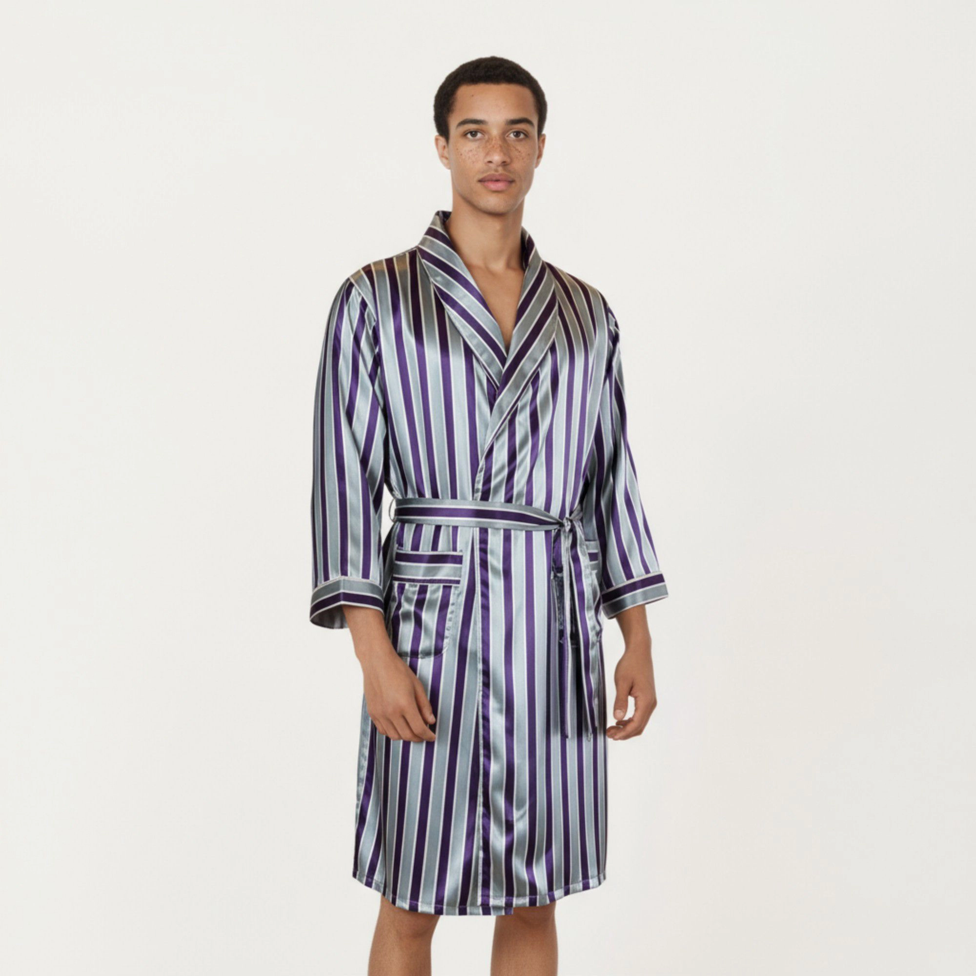 Anna-Kaci Men's Satin Robe with Shawl Collar Waist Tie and Front Pockets