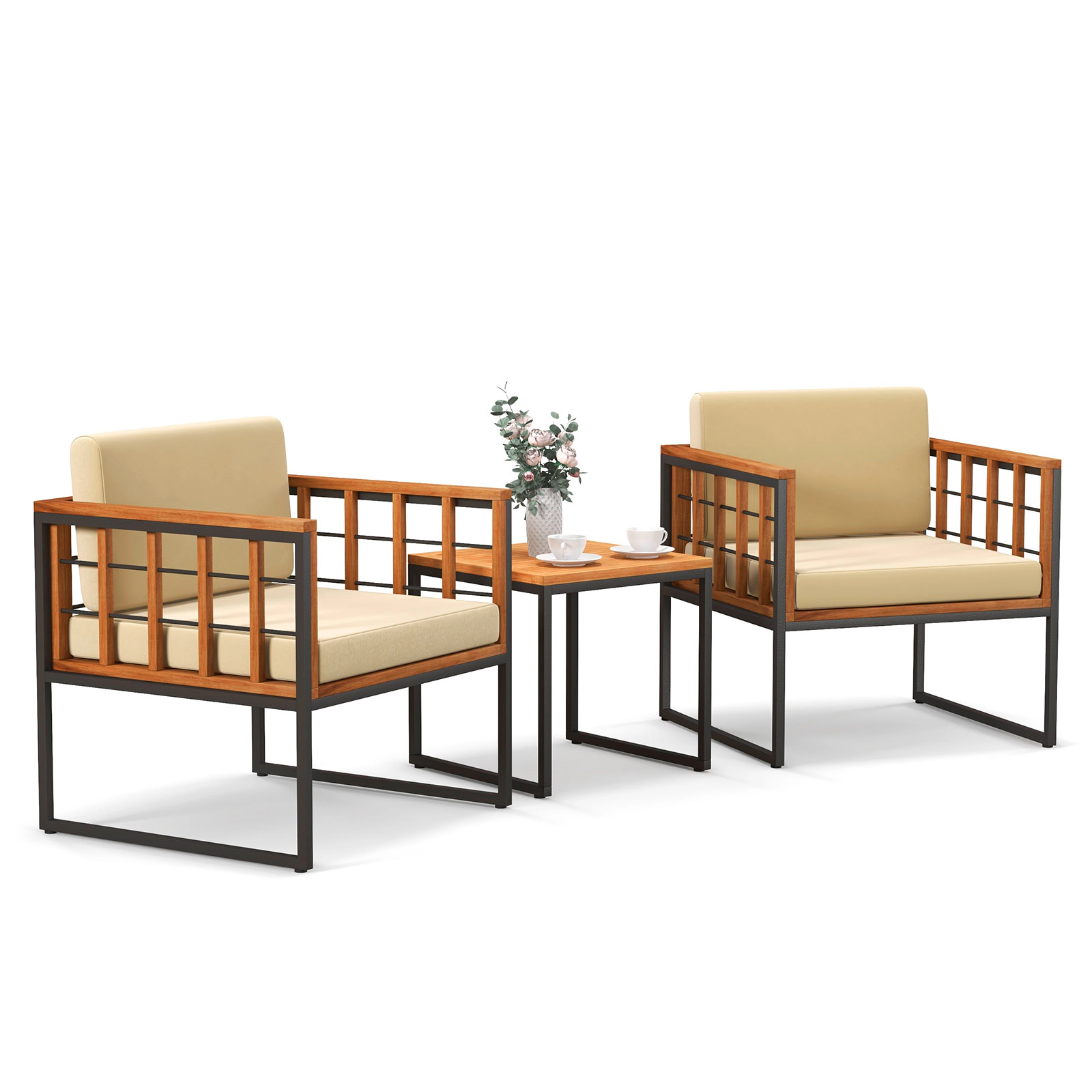 SUGIFT Beige Metal Frame and Soft Cushions 3-Piece Acacia Wood Patio Chair Set