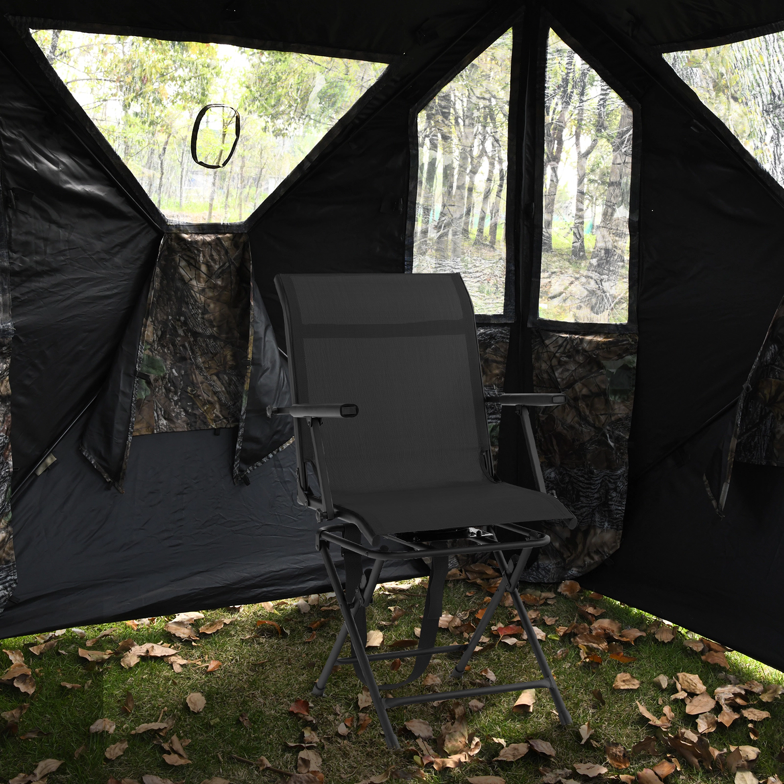 SUGIFT Foldable 360-Degree Swivel Hunting Camping Chair with Armrest 330-lb Capacity Black Coffee